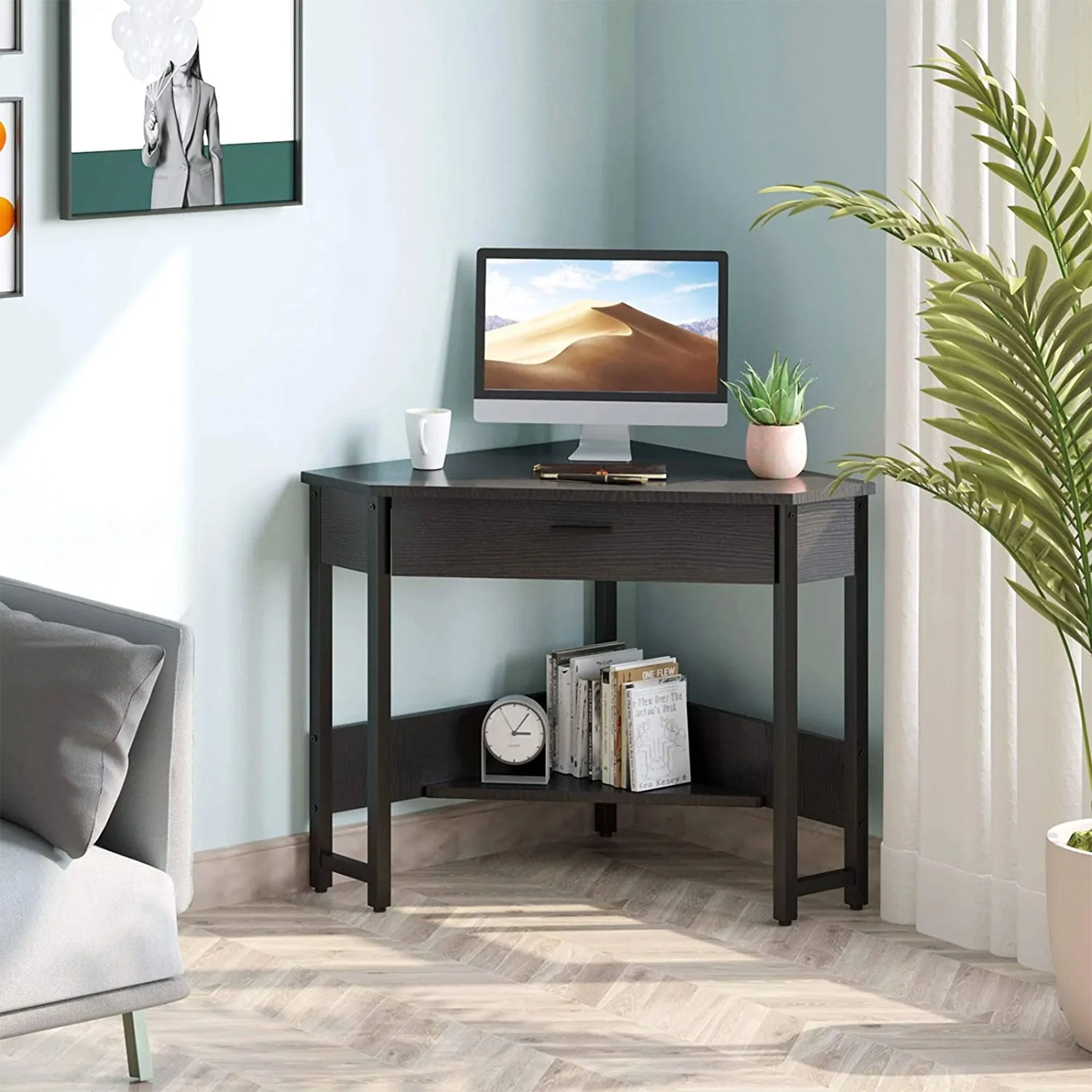 ODK Modern Triangle Corner Computer Writing Desk with Storage Drawer, Black - Image 5