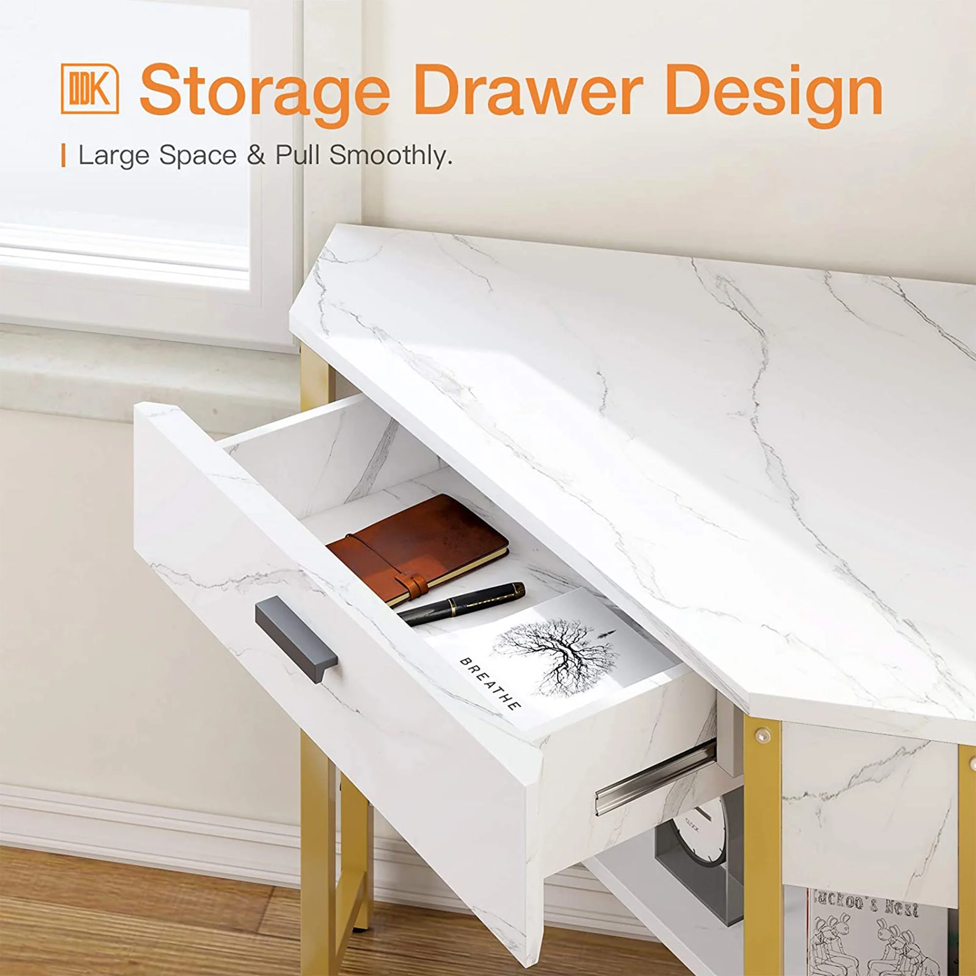 ODK Modern Triangle Corner Vanity Writing Desk with Large Drawer, Gold Marble - Image 3