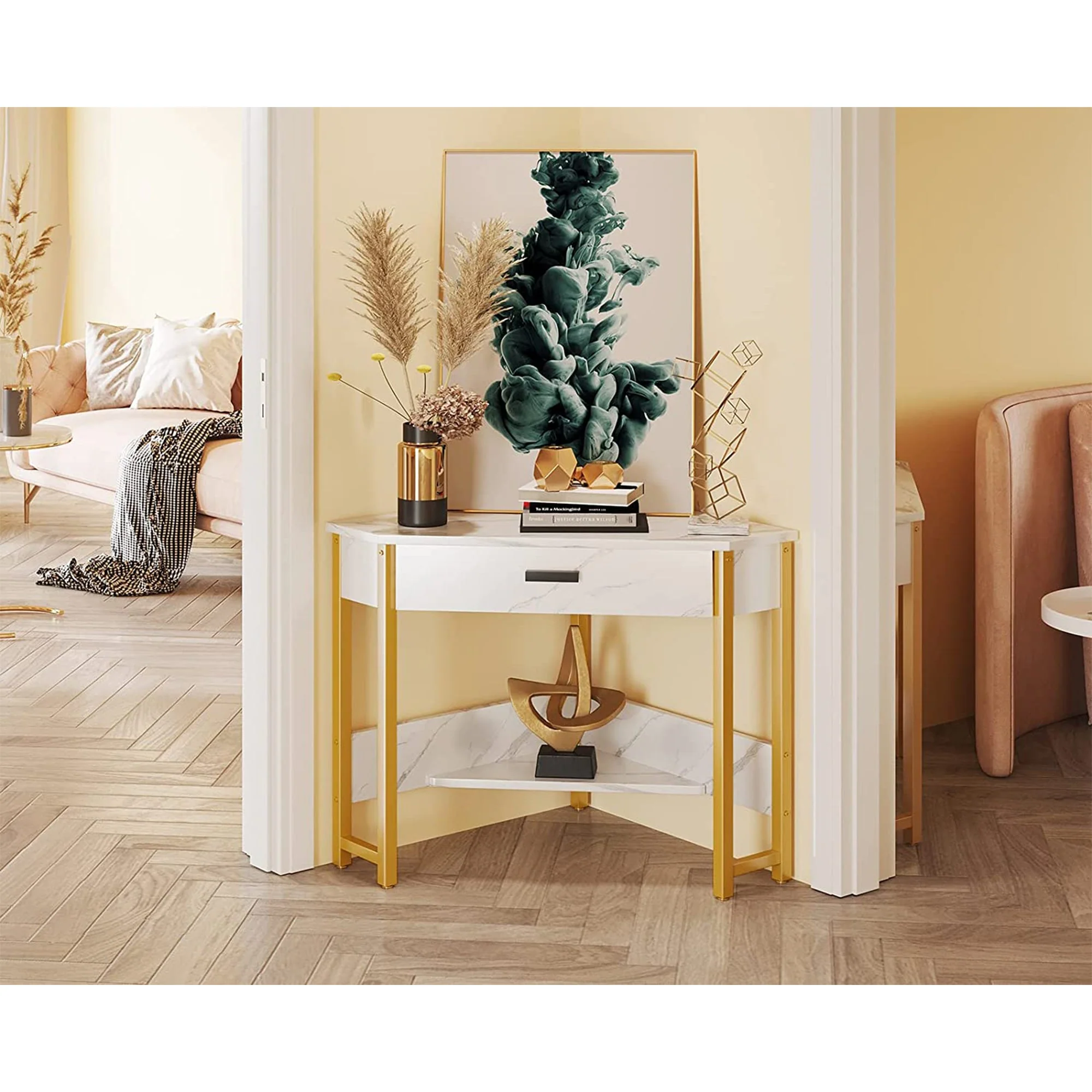 ODK Modern Triangle Corner Vanity Writing Desk with Large Drawer, Gold Marble - Image 6