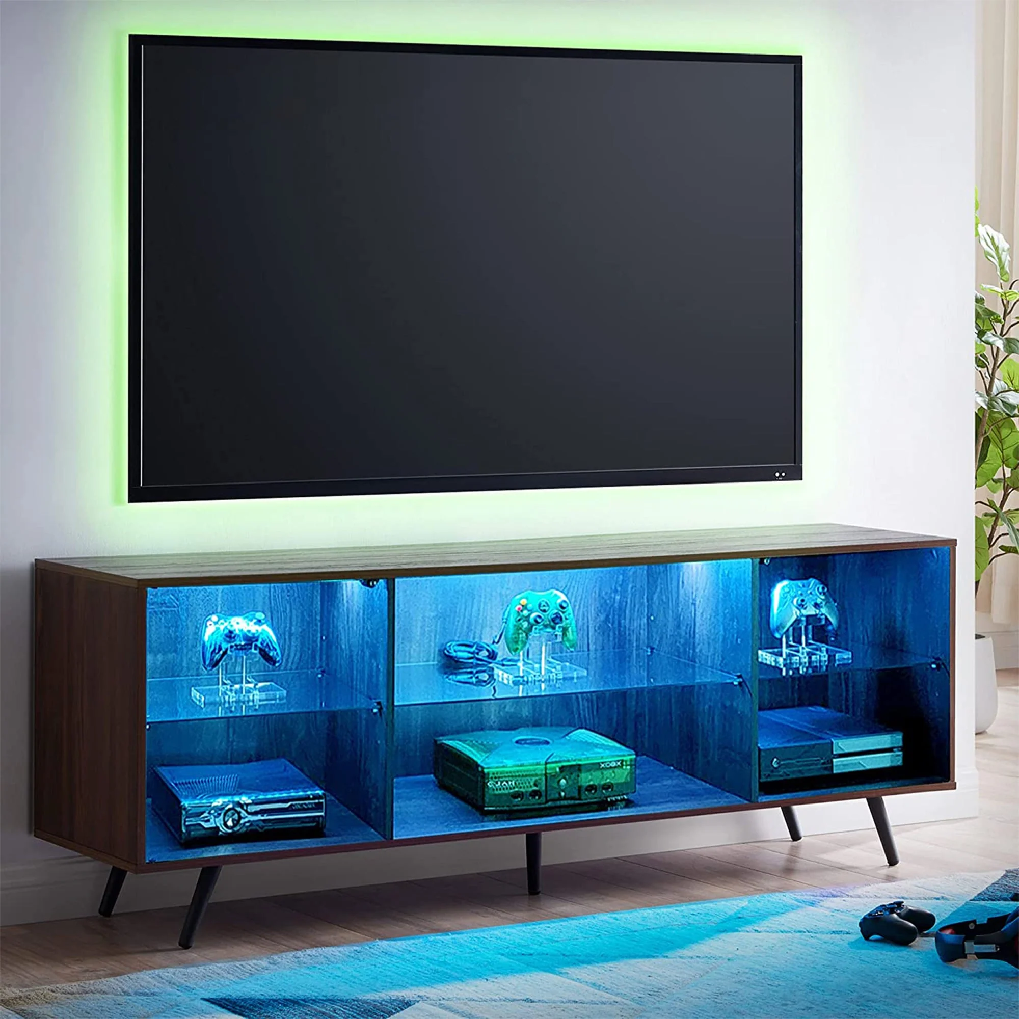 OKD Modern 75 Inch TV Stand with LED Lights, Shelves and Magnetic Doors, Black - Image 7
