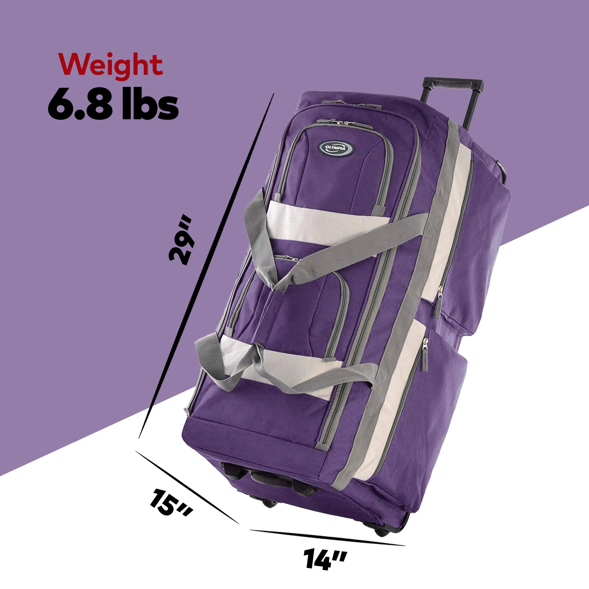 Olympia 29 Inch 8 Pocket U Shape Rolling Duffel Bag with Handle, Dark Lavender - Image 2