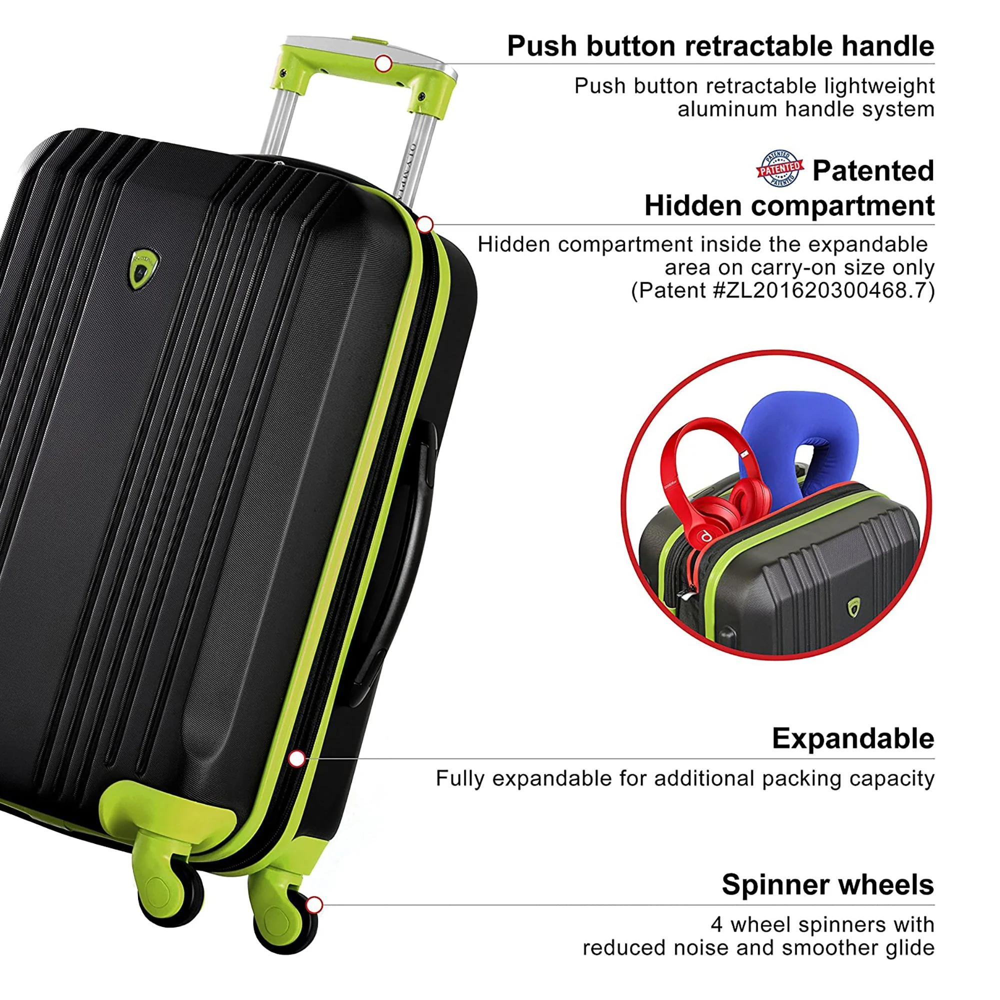 Olympia Apache II Hardcase 4 Wheel Spinner Luggage Suitcase 3 Piece Set, Lime - Image 6
