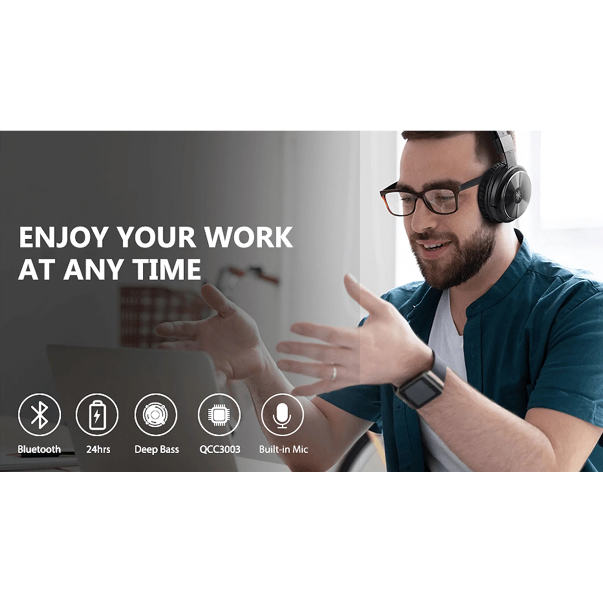 OneOdio A11 Wireless Bluetooth Over the Ear Headphones with Voice Control, Black - Image 4
