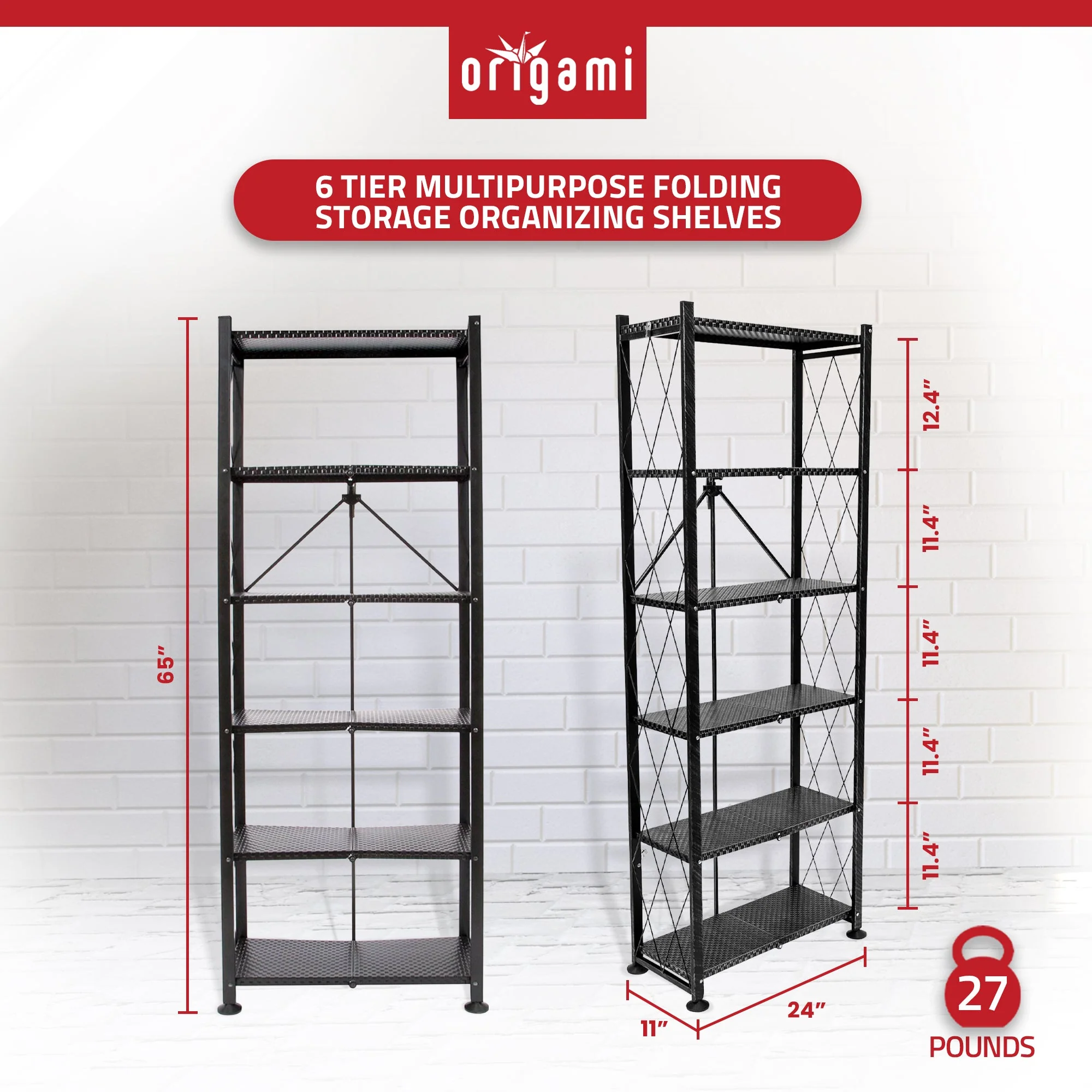 Origami 6 Tier Classic Stamped Steel Bookcase Organizer Storage Rack, Black - Image 2