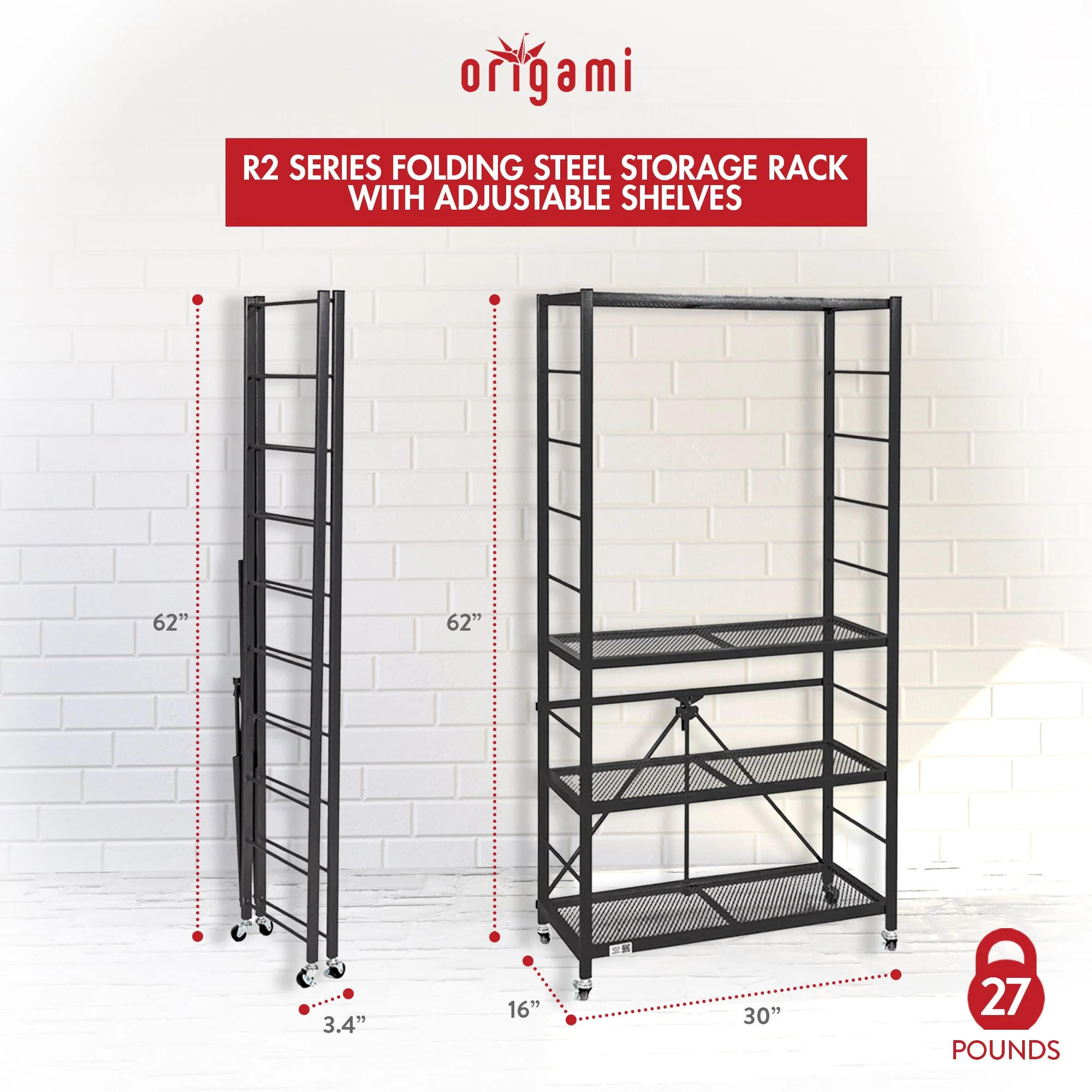 Origami R2 Series Folding Steel Storage Rack with Adjustable Shelves, Black - Image 2