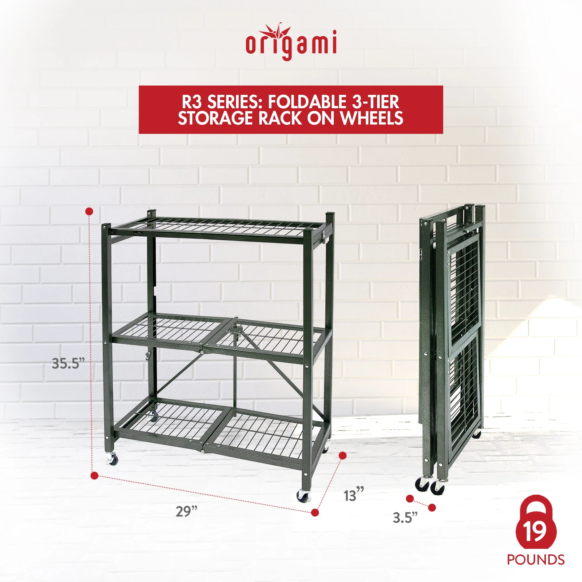 Origami R3 Foldable 3-Tiered Shelf Storage Rack & Wheels, Pewter (2 Pack) - Image 2