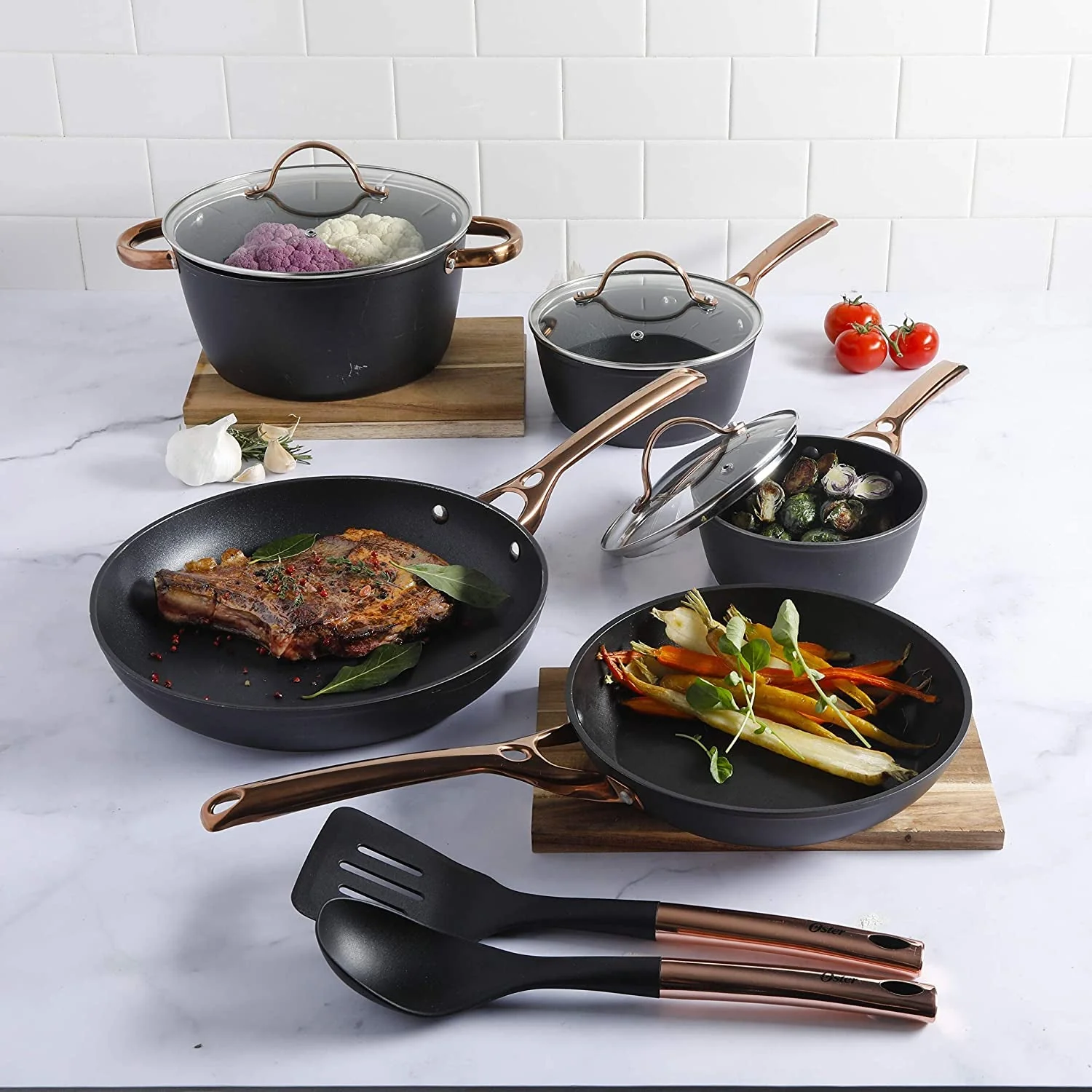 Oster Allsberg Non Stick Aluminum 10 Piece Cookware Set w/ Rose Gold Handles - Image 6