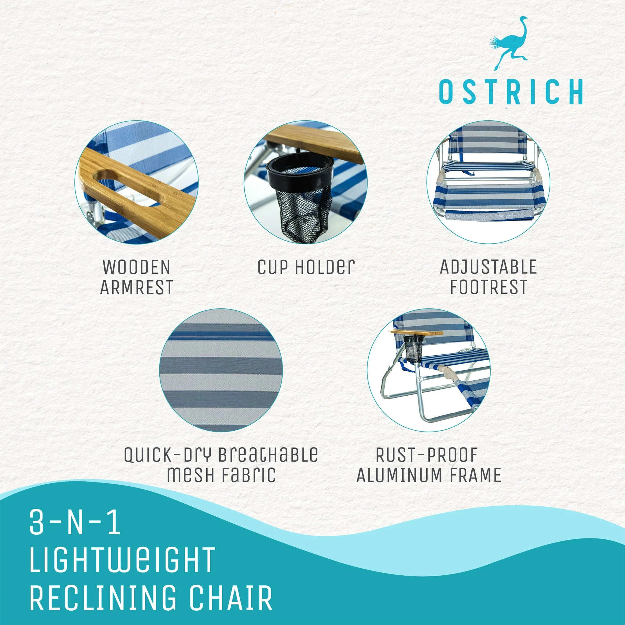 Ostrich 3N1 Reclining Beach Chair and On Your Back Beach Chair, Striped Blue - Image 2