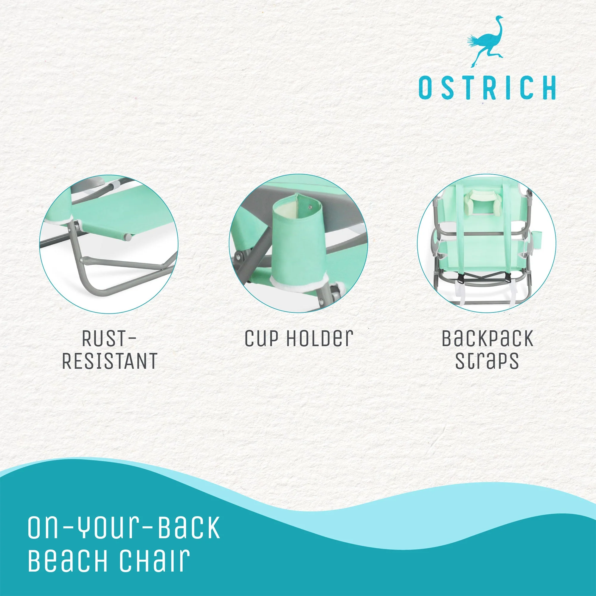 Ostrich Chaise Lounge Beach Chair with On Your Back Camping Lawn Chair, Teal - Image 10