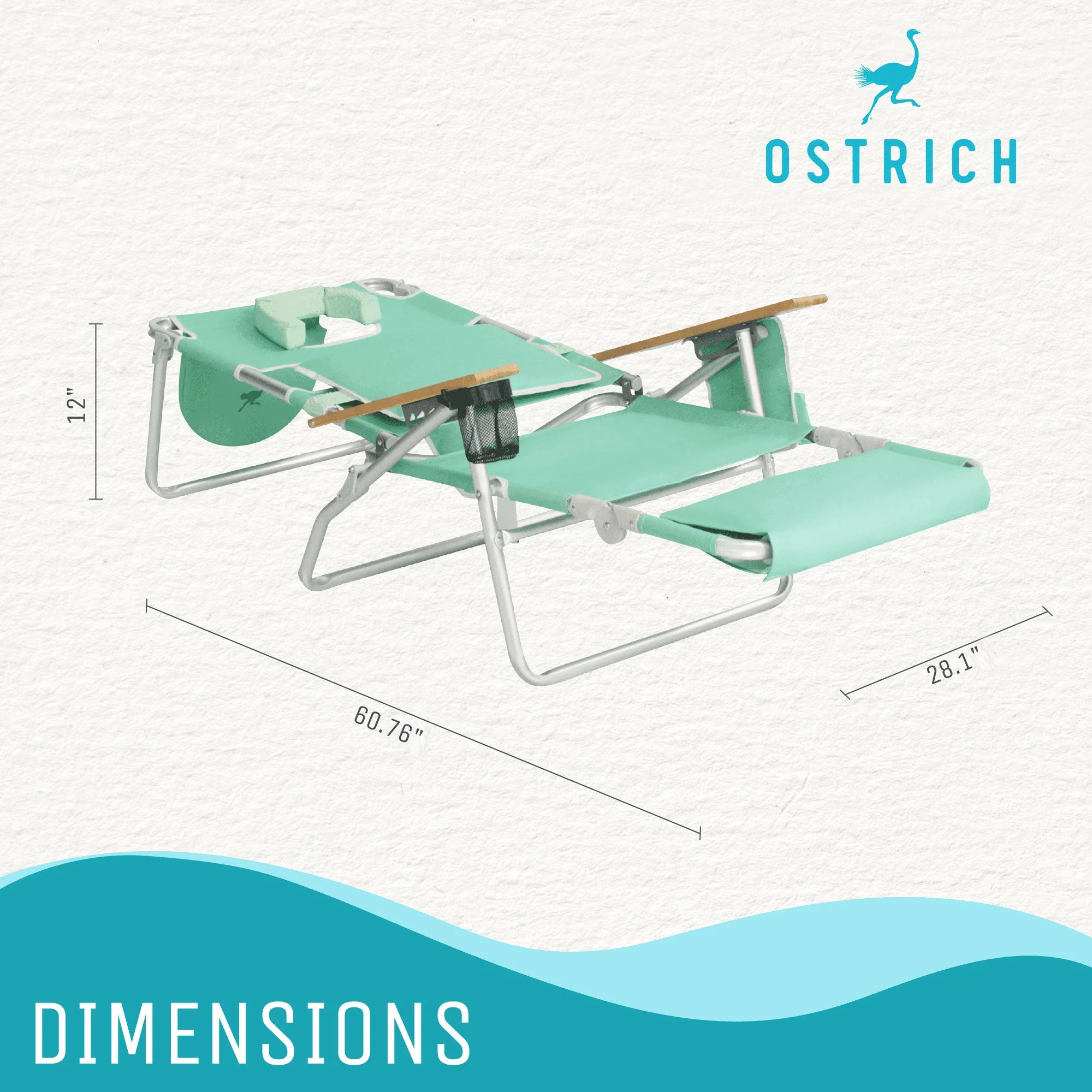 Ostrich Chaise Lounge Folding Chair with Deluxe Padded 3N1 Reclining Chair, Teal - Image 12