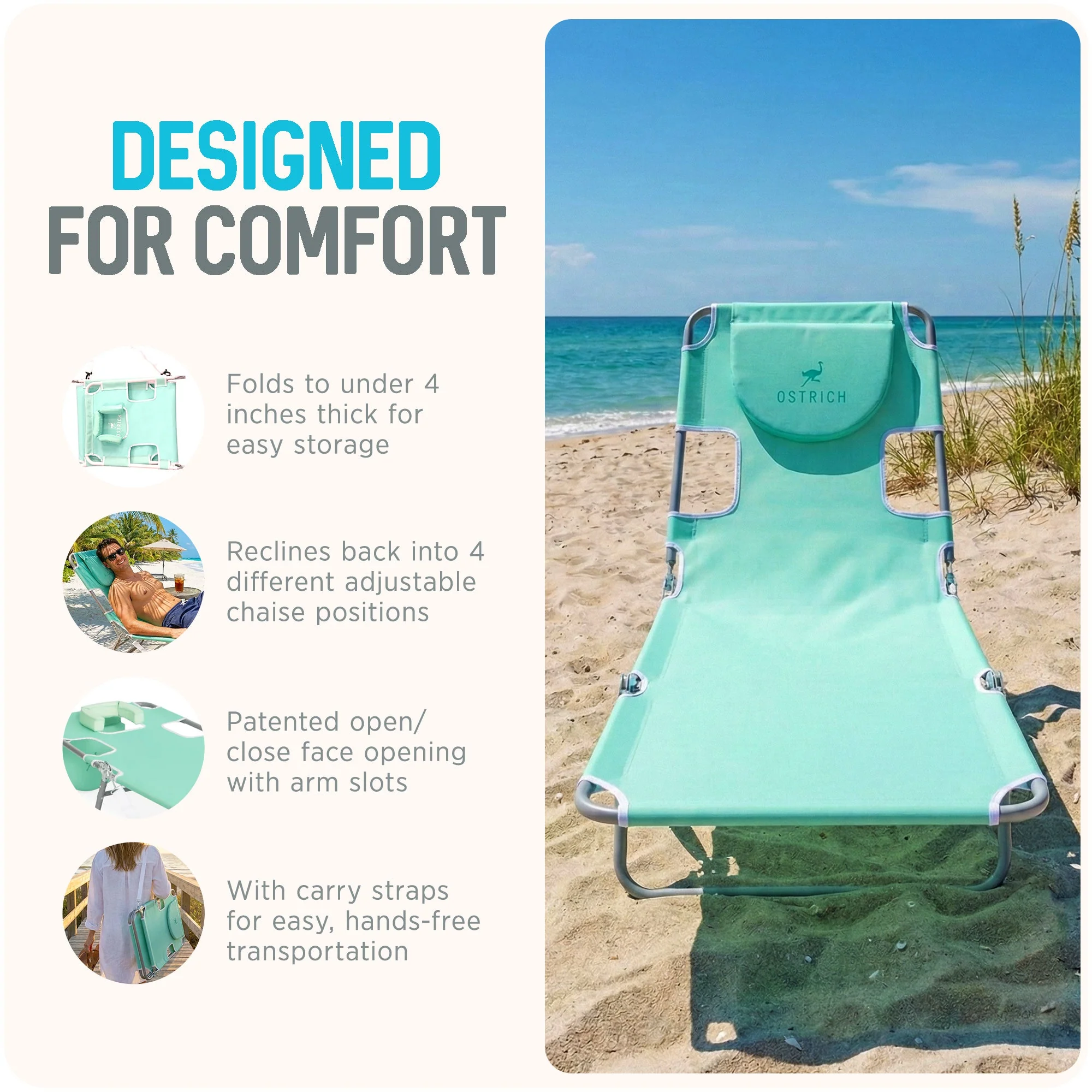 Ostrich The Original Chaise Lounge, Facedown Beach Pool Tanning Chair, Teal - Image 3