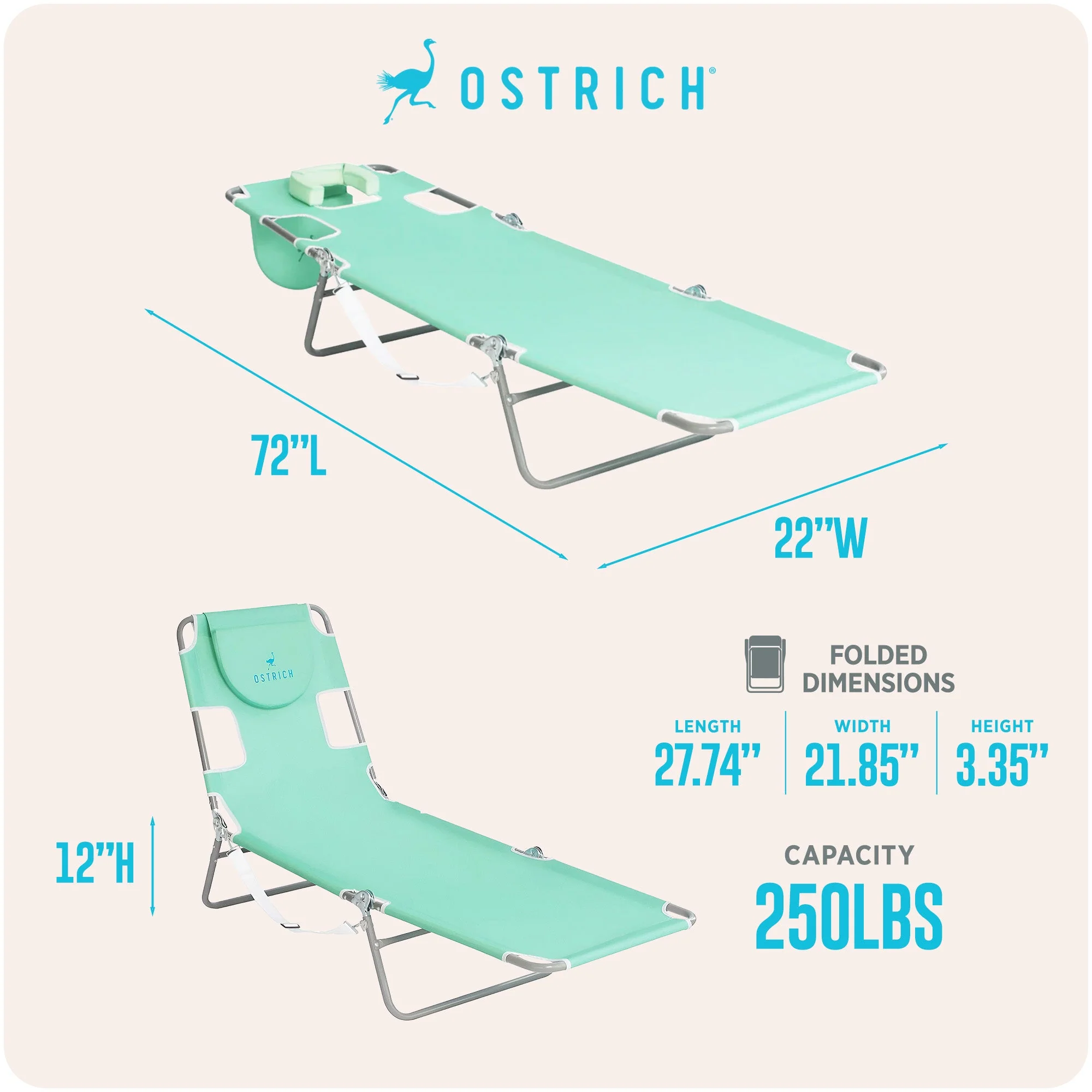 Ostrich The Original Chaise Lounge, Facedown Beach Pool Tanning Chair, Teal - Image 5