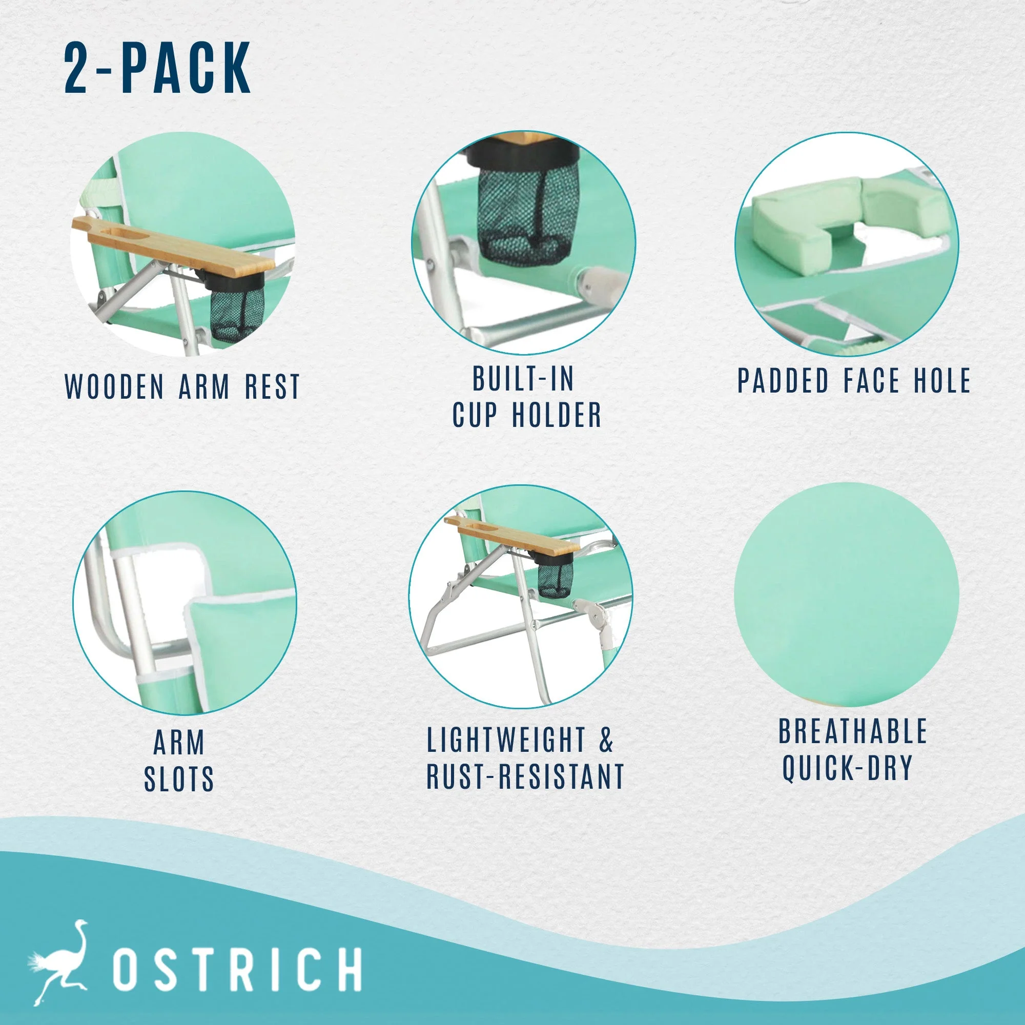 Ostrich Deluxe Padded 3-N-1 Outdoor Folding Reclining Beach Chair, Teal (2 Pack) - Image 3