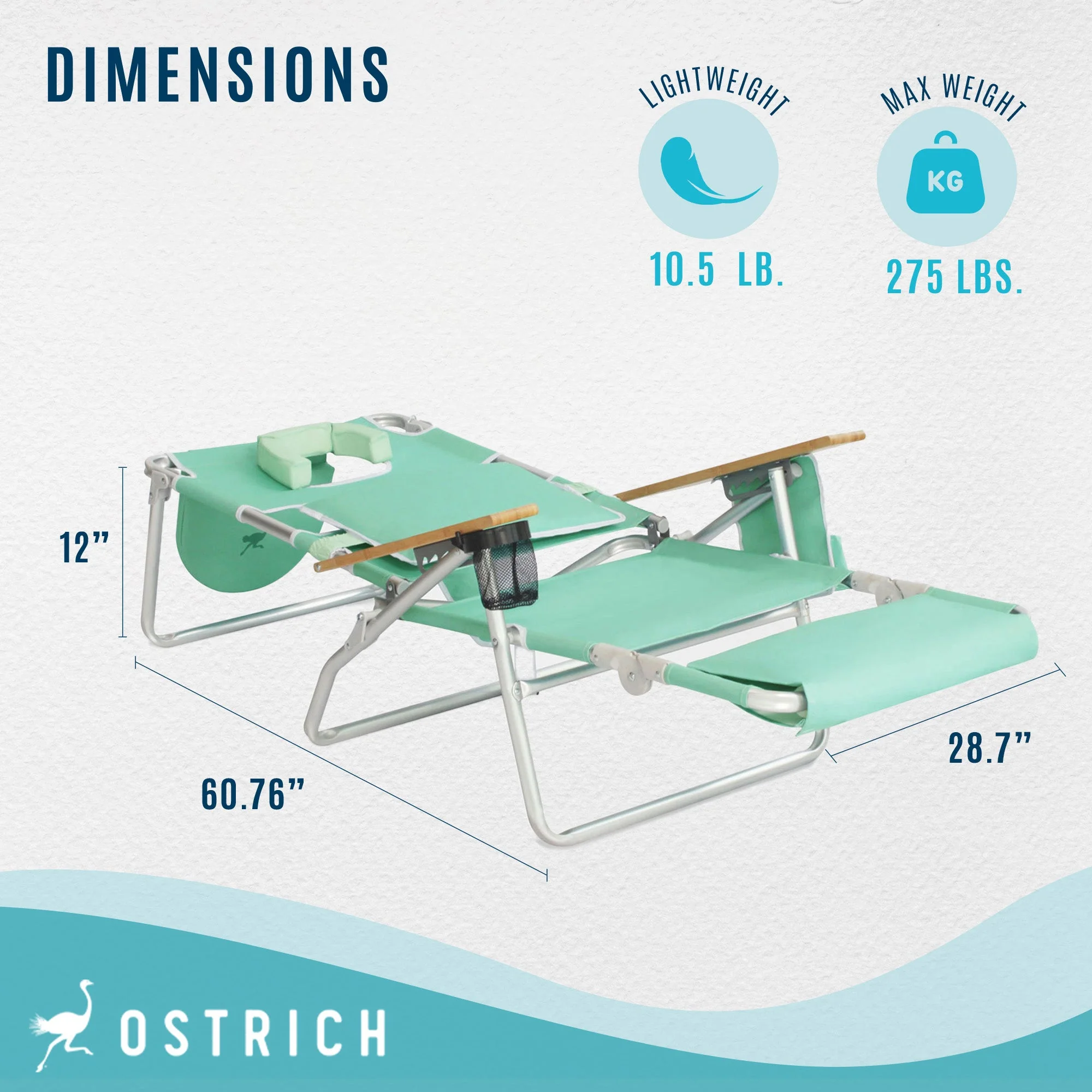 Ostrich Deluxe Padded 3-N-1 Outdoor Folding Reclining Beach Chair, Teal (4 Pack) - Image 2