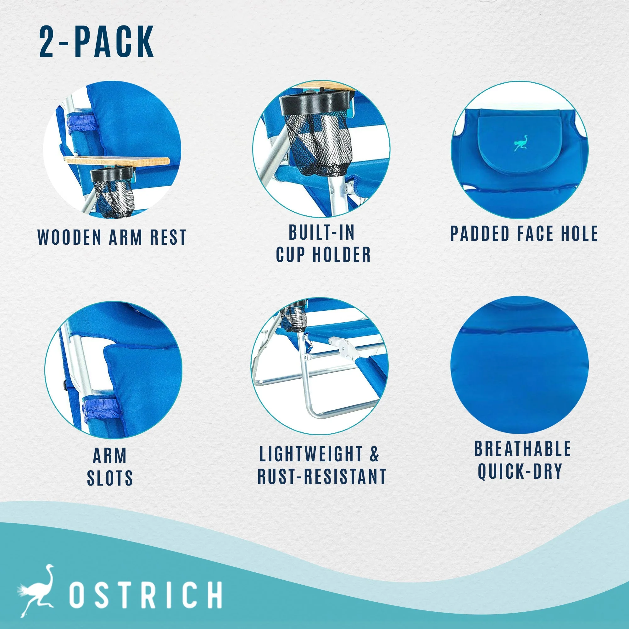 Ostrich Deluxe Padded 3-N-1 Outdoor Lounge Reclining Beach Chair, Blue (4 Pack) - Image 3
