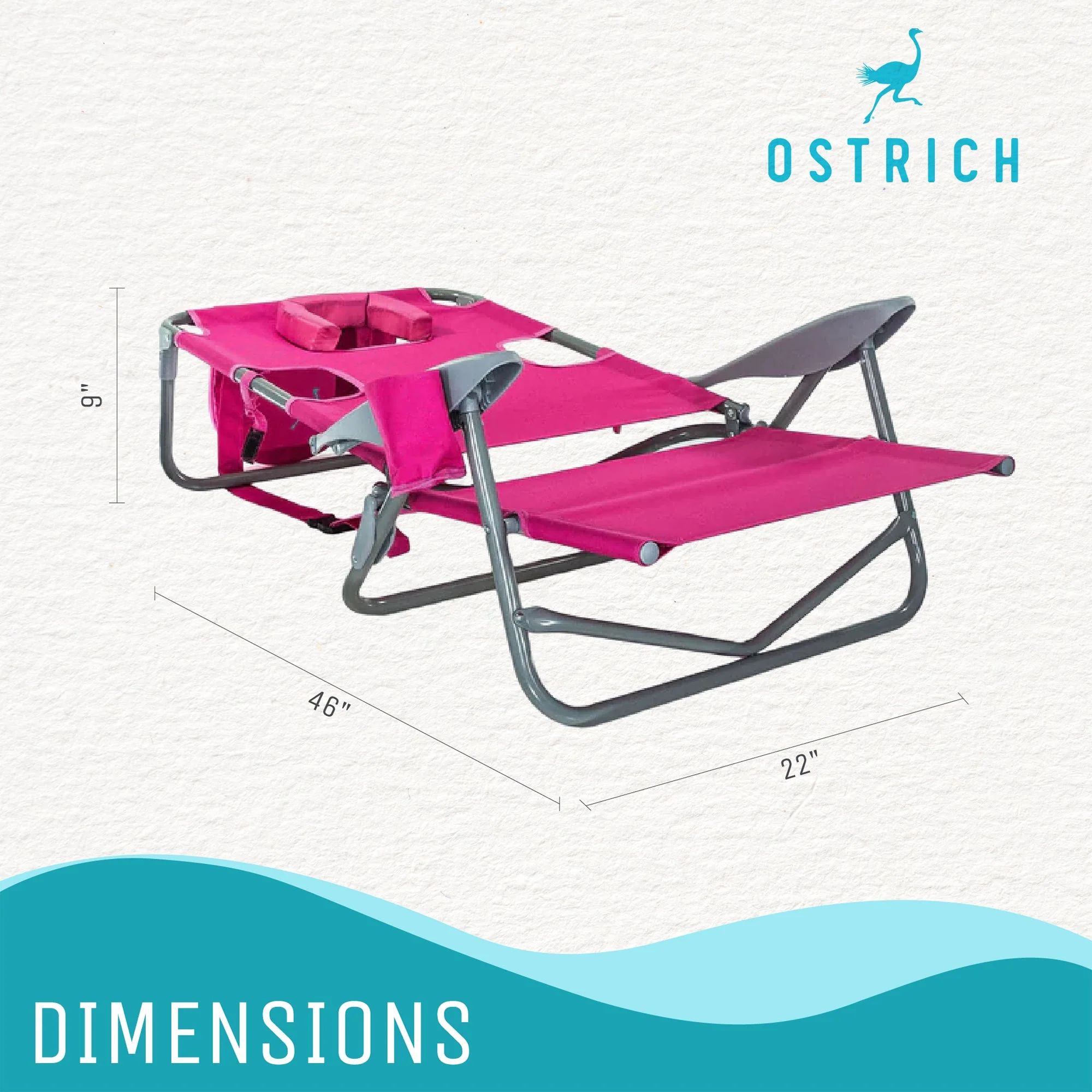 Ostrich On Your Back Reclining Lawn Chair & Chaise Folding Beach Lounger, Pink - Image 2