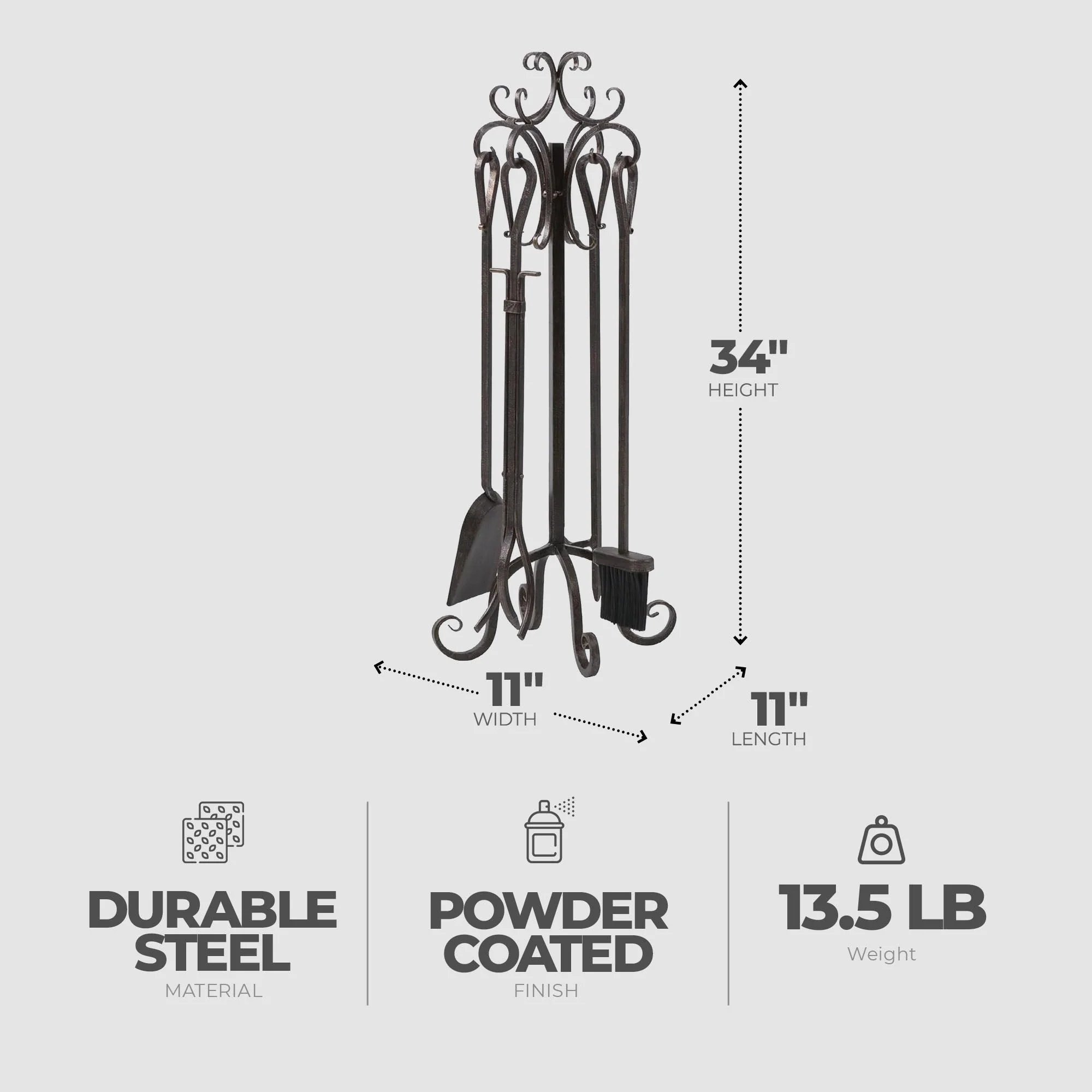Panacea 5 Piece Scroll Top Fireplace Powder Coated Steel Accessory Tool Set - Image 2