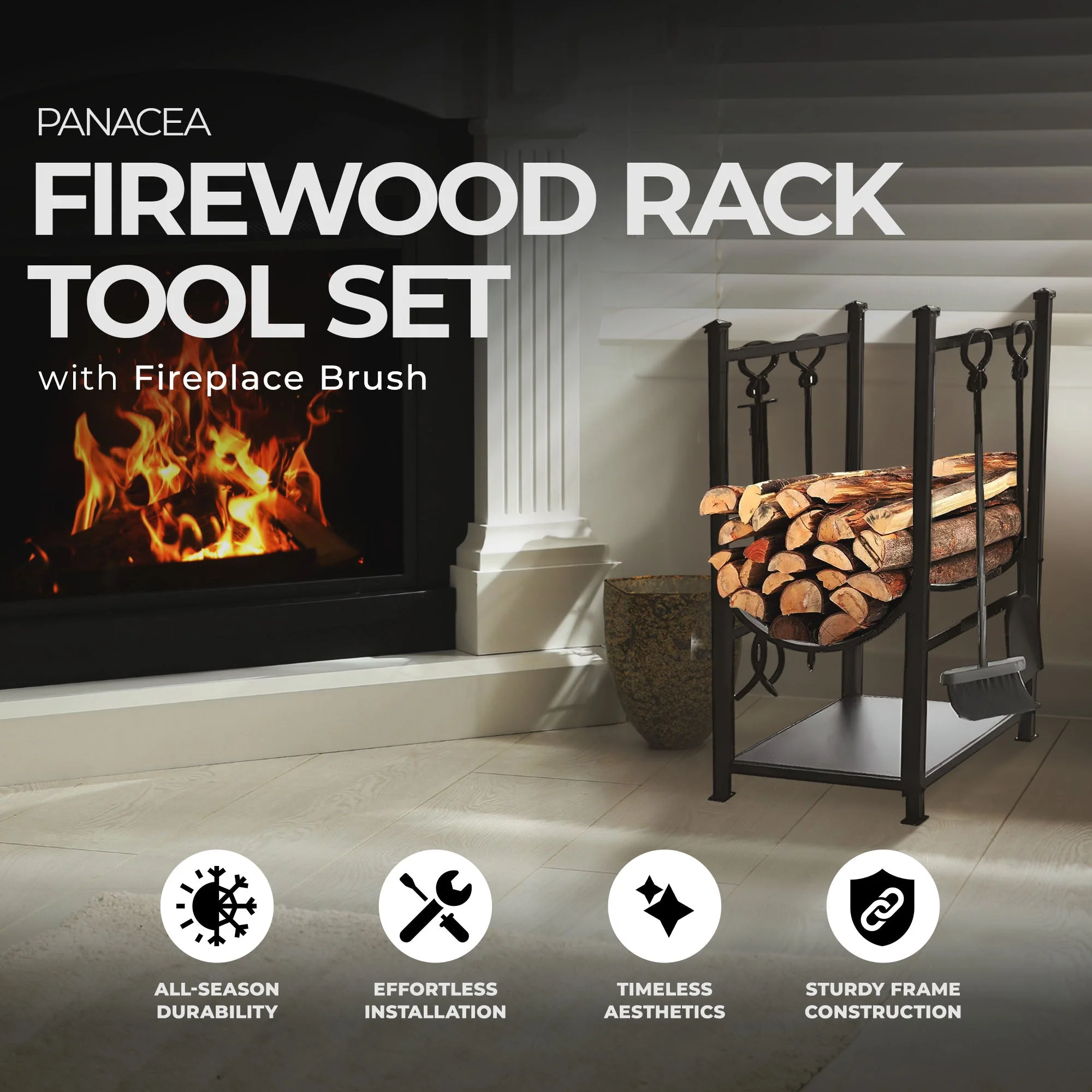 Panacea Firewood Rack with Fireplace Brush, Tong, Shovel, Poker, & Shelf, Black - Image 3