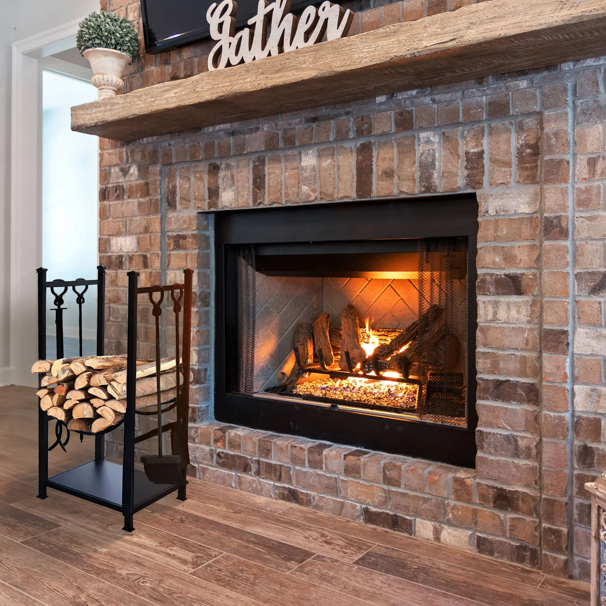 Panacea Firewood Rack with Fireplace Brush, Tong, Shovel, Poker, & Shelf, Black - Image 7