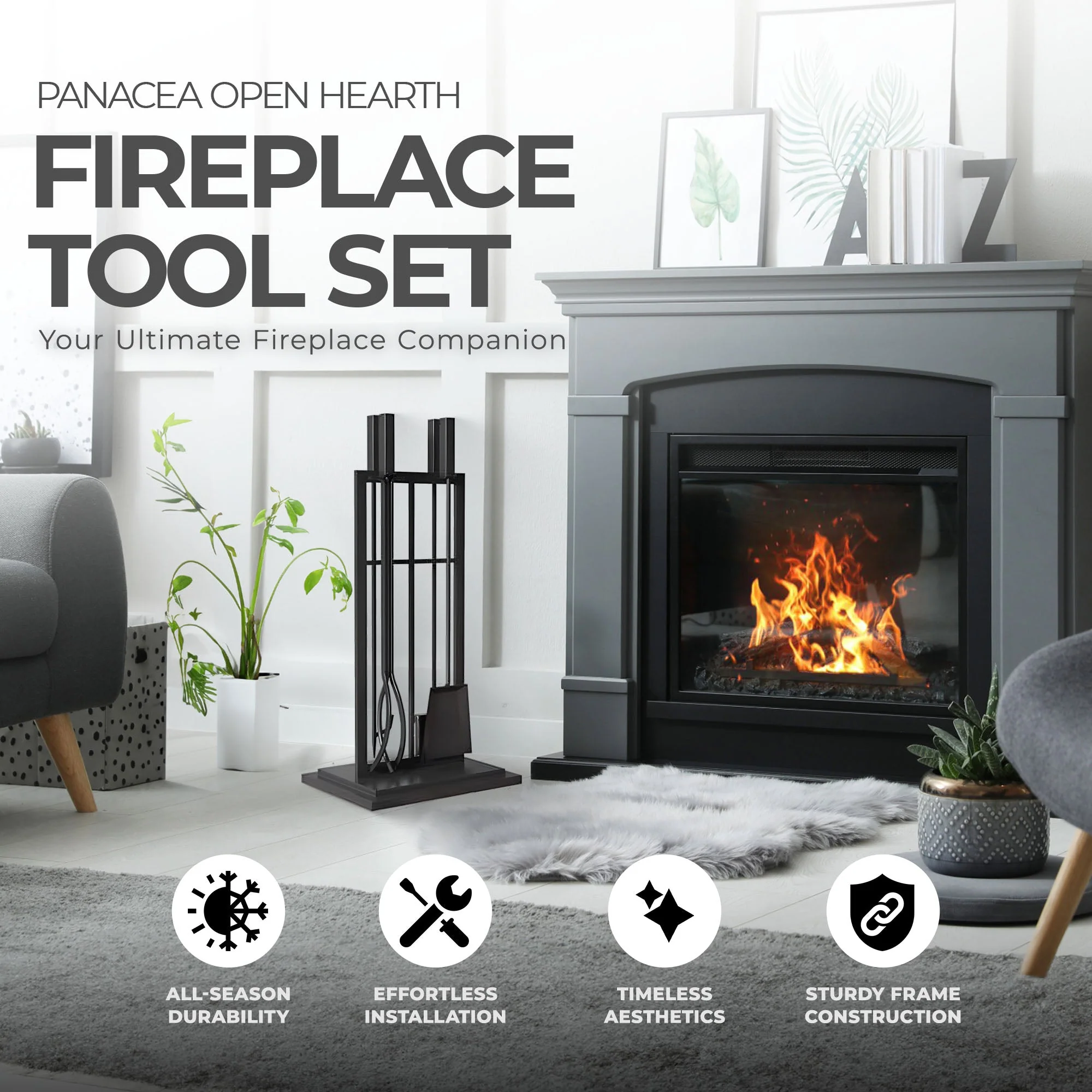 Panacea Open Hearth Fireplace Tool Set w/Brush, Shovel, Poker, Tong & Stand - Image 4