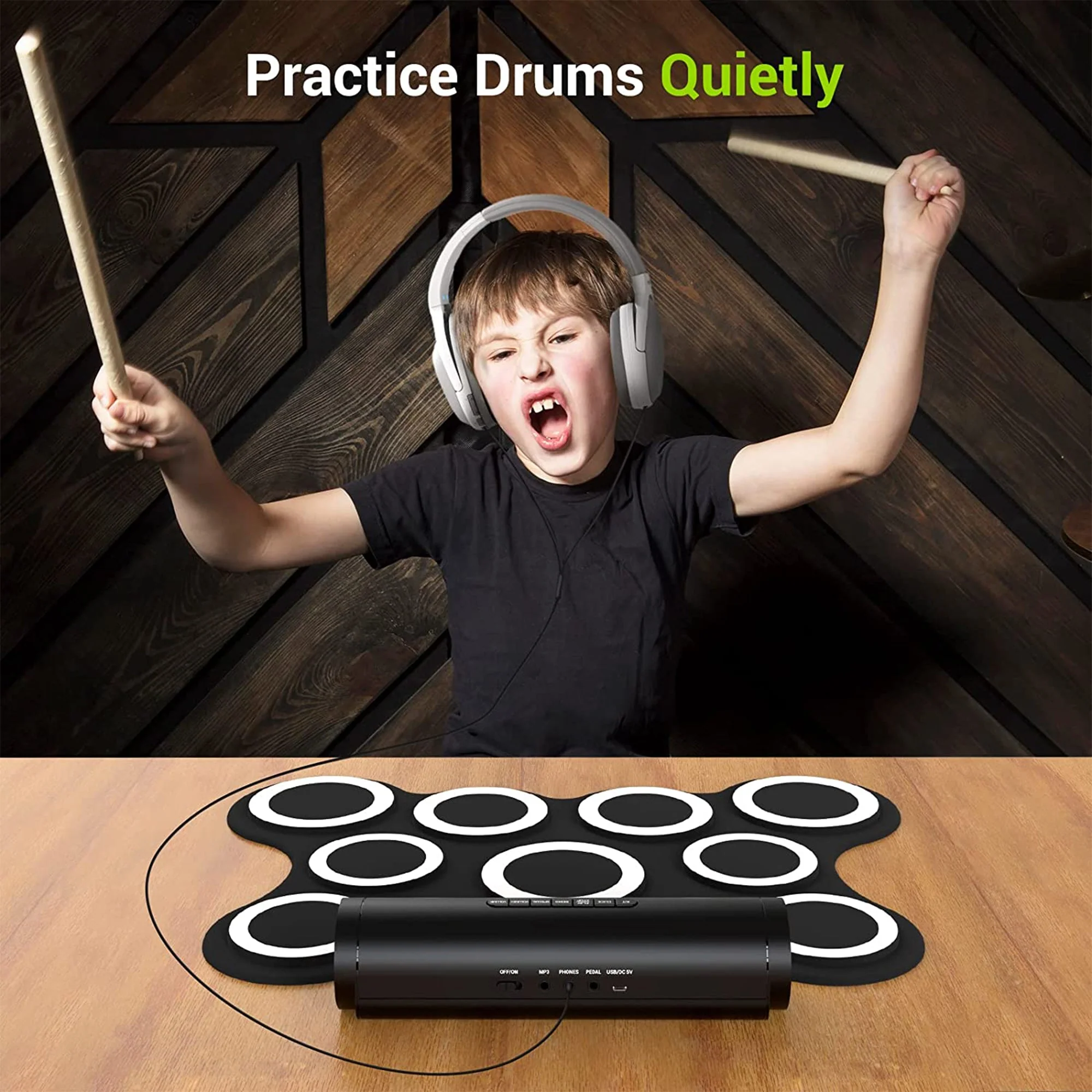 PAXCESS 9 Pad Electronic Drum Set w/ Foot Pedals, Built-In Speaker, and Battery - Image 3