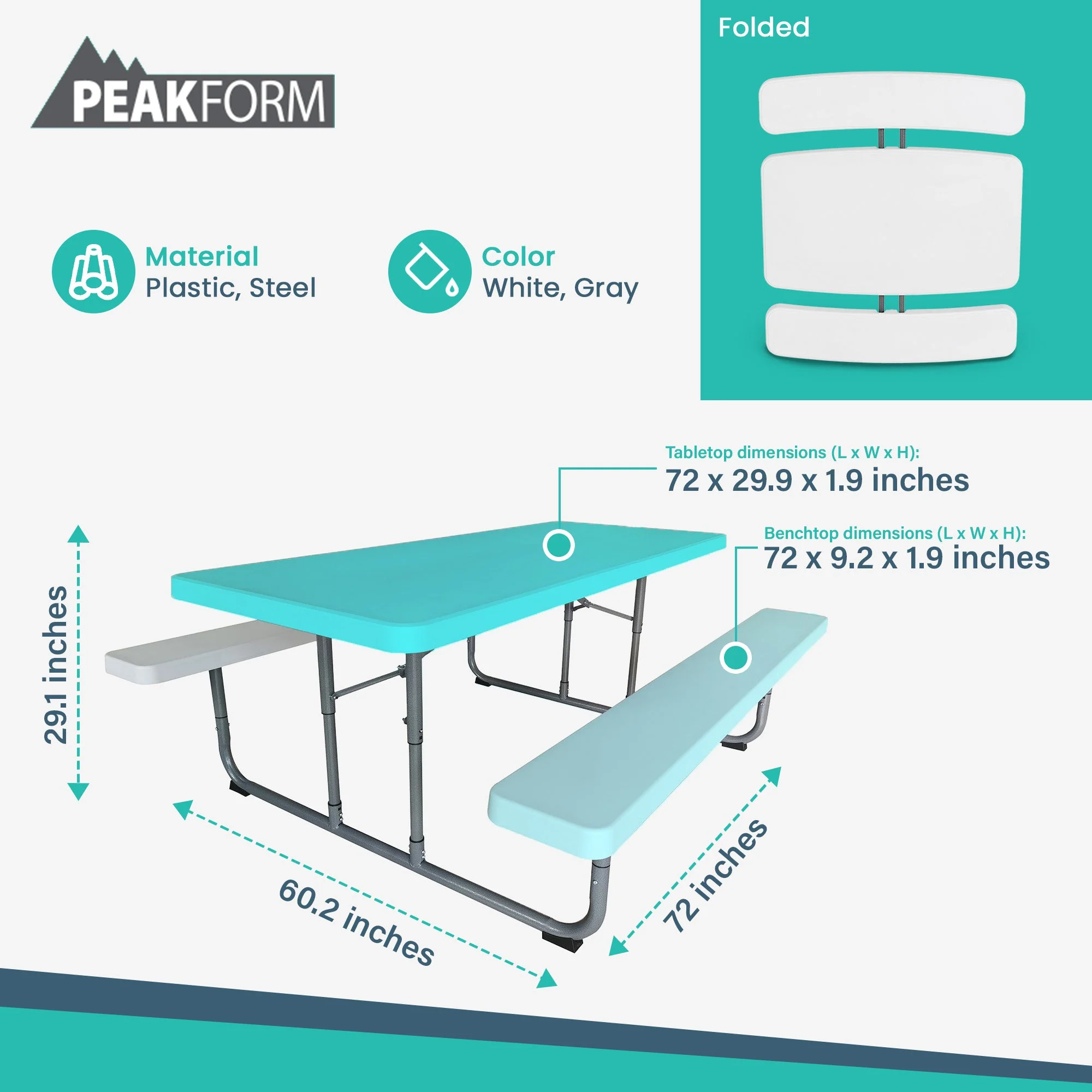 Peakform 6 Foot Rectangular Picnic Table, Double Bench Wood Grain Seating, White - Image 3