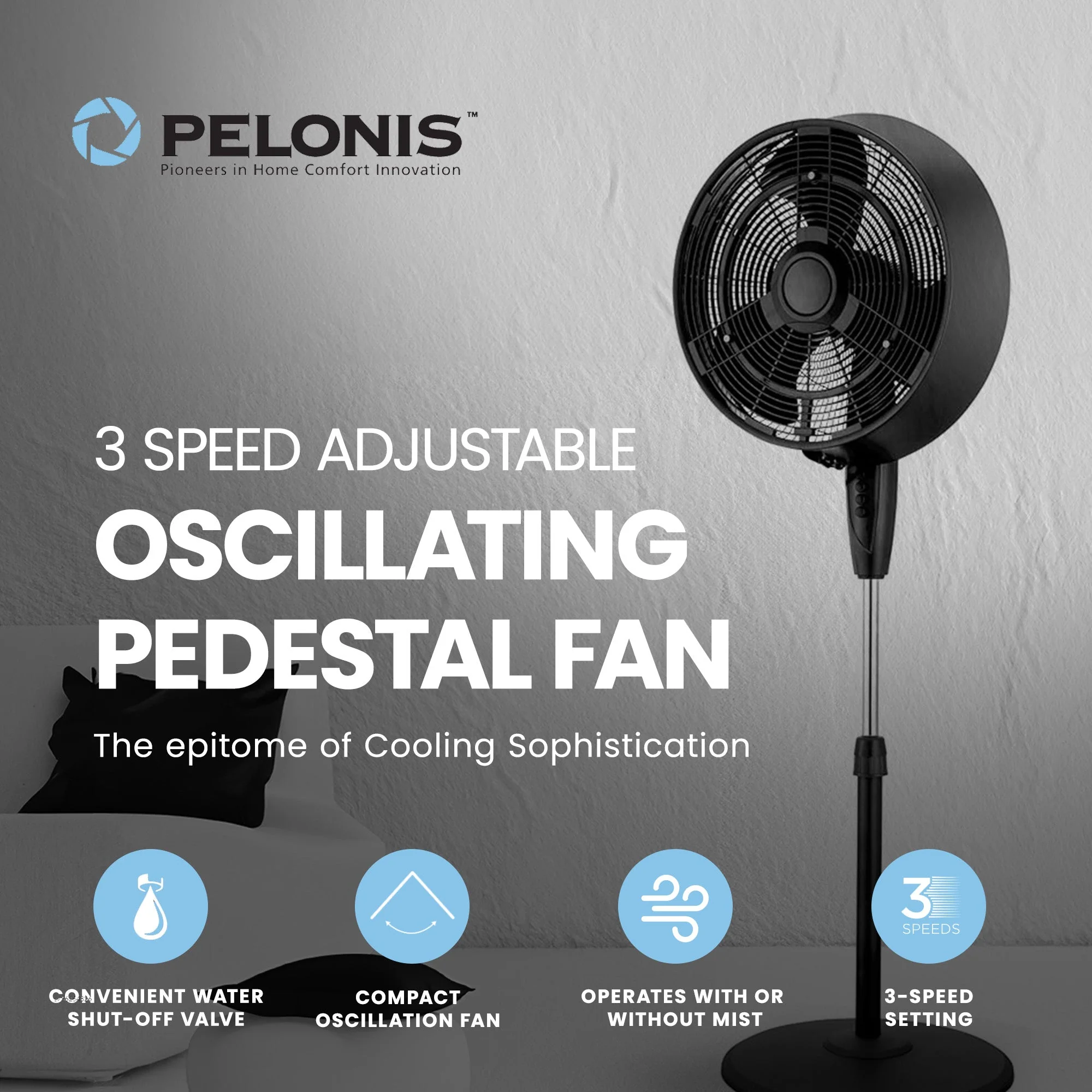 Pelonis 18 Inch 3 Speed Adjustable Oscillating Misting Pedestal Fan with Remote - Image 2