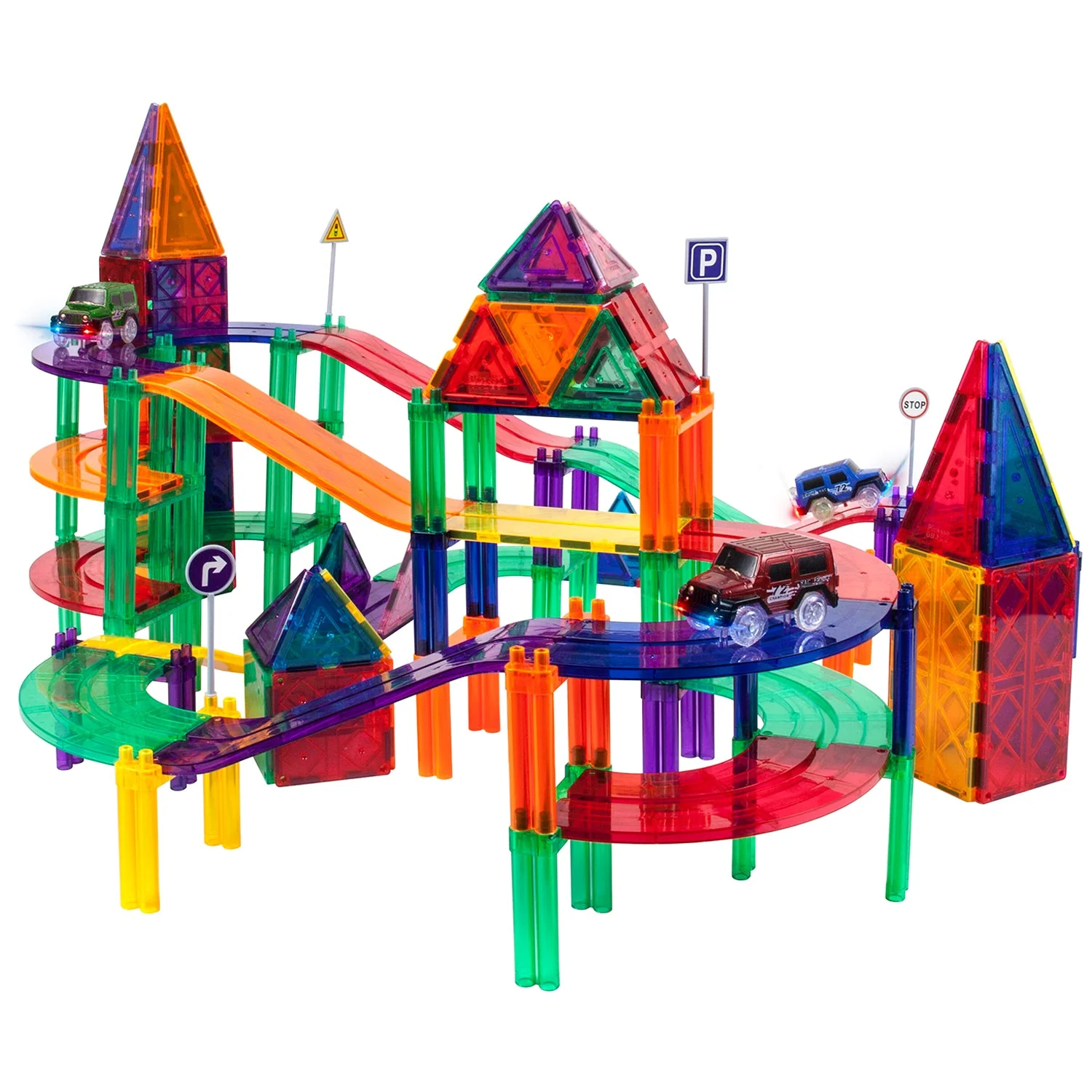 Picasso Tiles 128 Piece Magnetic Kids Toy Building Kit Race Track Set w/ 3 Cars - Image 2