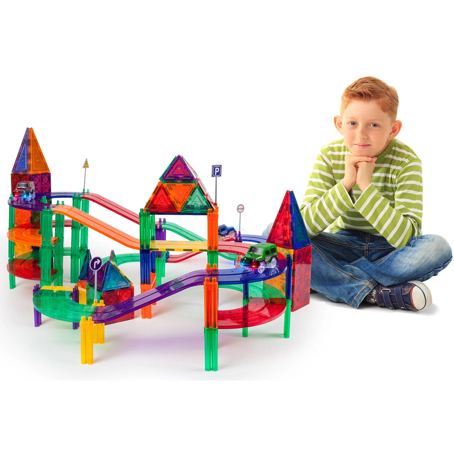Picasso Tiles 128 Piece Magnetic Kids Toy Building Kit Race Track Set w/ 3 Cars - Image 6
