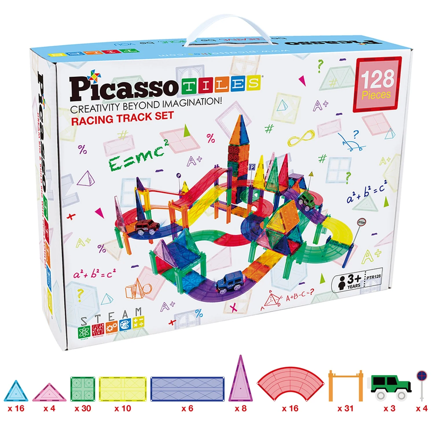 Picasso Tiles 128 Piece Magnetic Kids Toy Building Kit Race Track Set w/ 3 Cars - Image 8