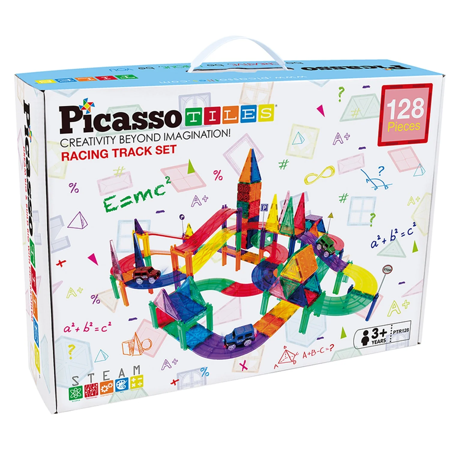 Picasso Tiles 128 Piece Magnetic Kids Toy Building Kit Race Track Set w/ 3 Cars - Image 9