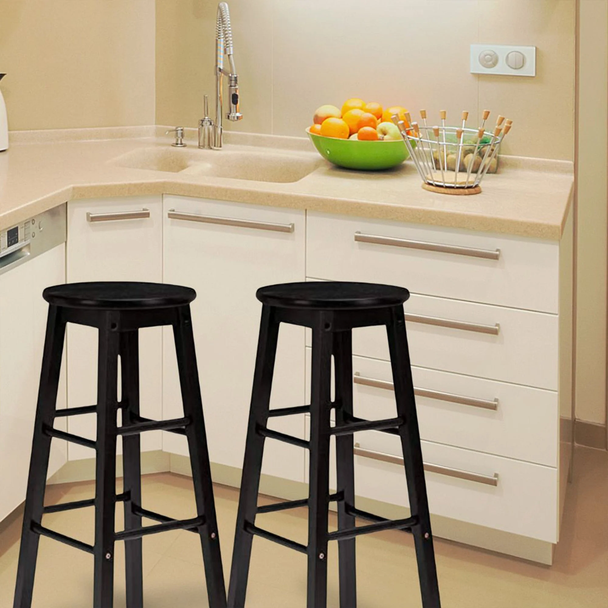 PJ Wood Classic Round-Seat 24 Inch Kitchen and Counter Stools, Black, Set of 2 - Image 4