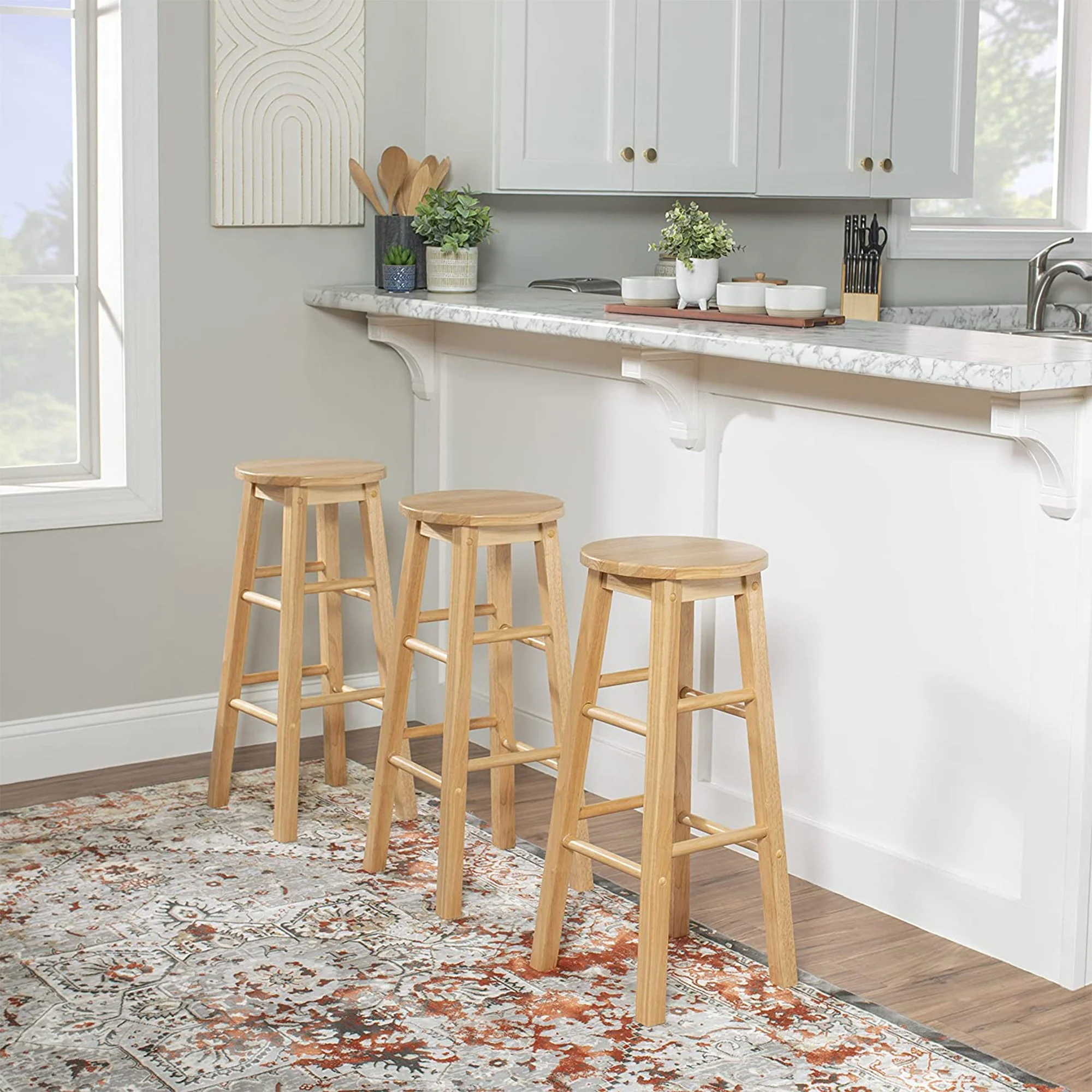 PJ Wood Classic Round Seat 29" Tall Kitchen Counter Stools, Natural (Set of 8) - Image 8