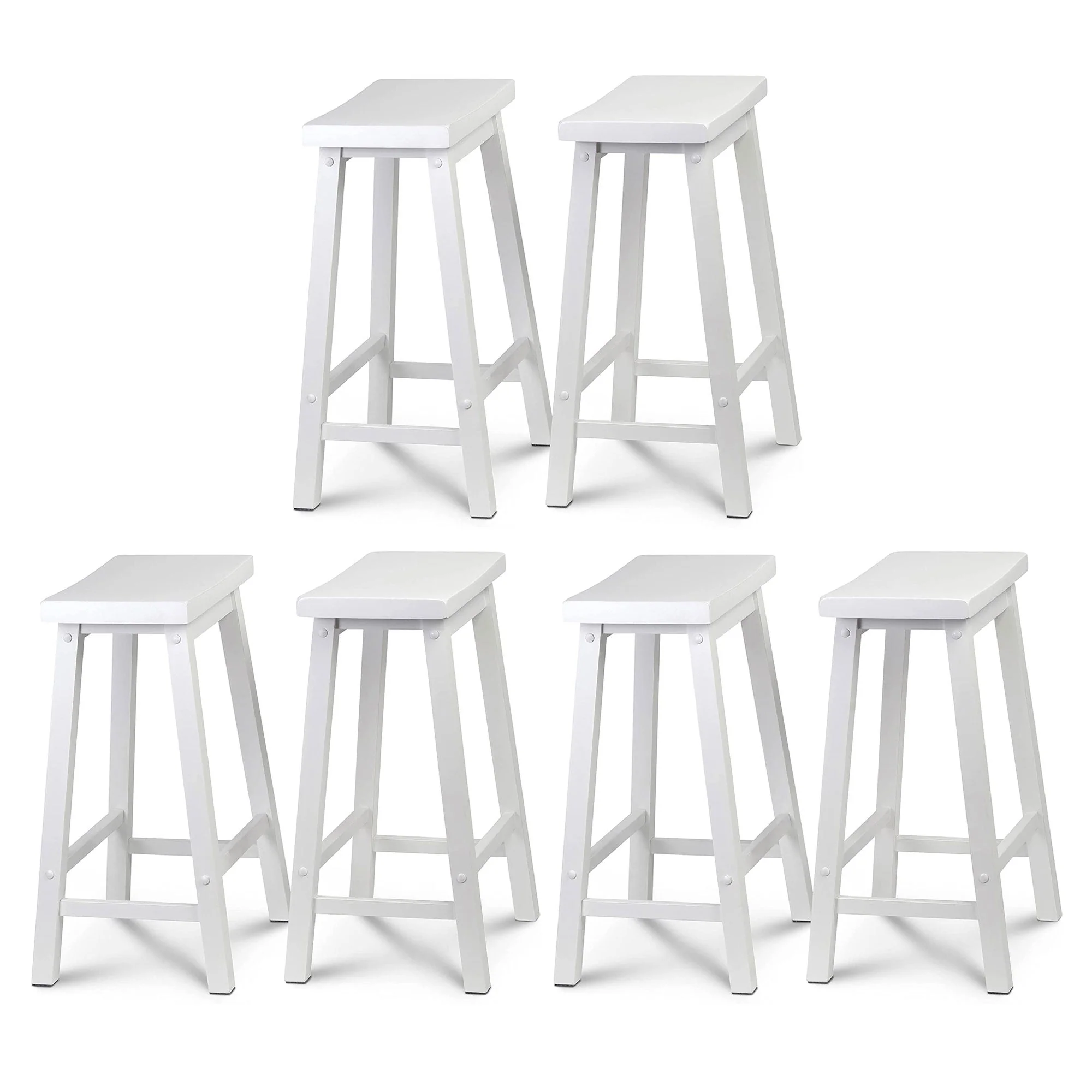 PJ Wood Classic Saddle Seat 24 Inch Tall Kitchen Counter Stools, White (6 Pack)