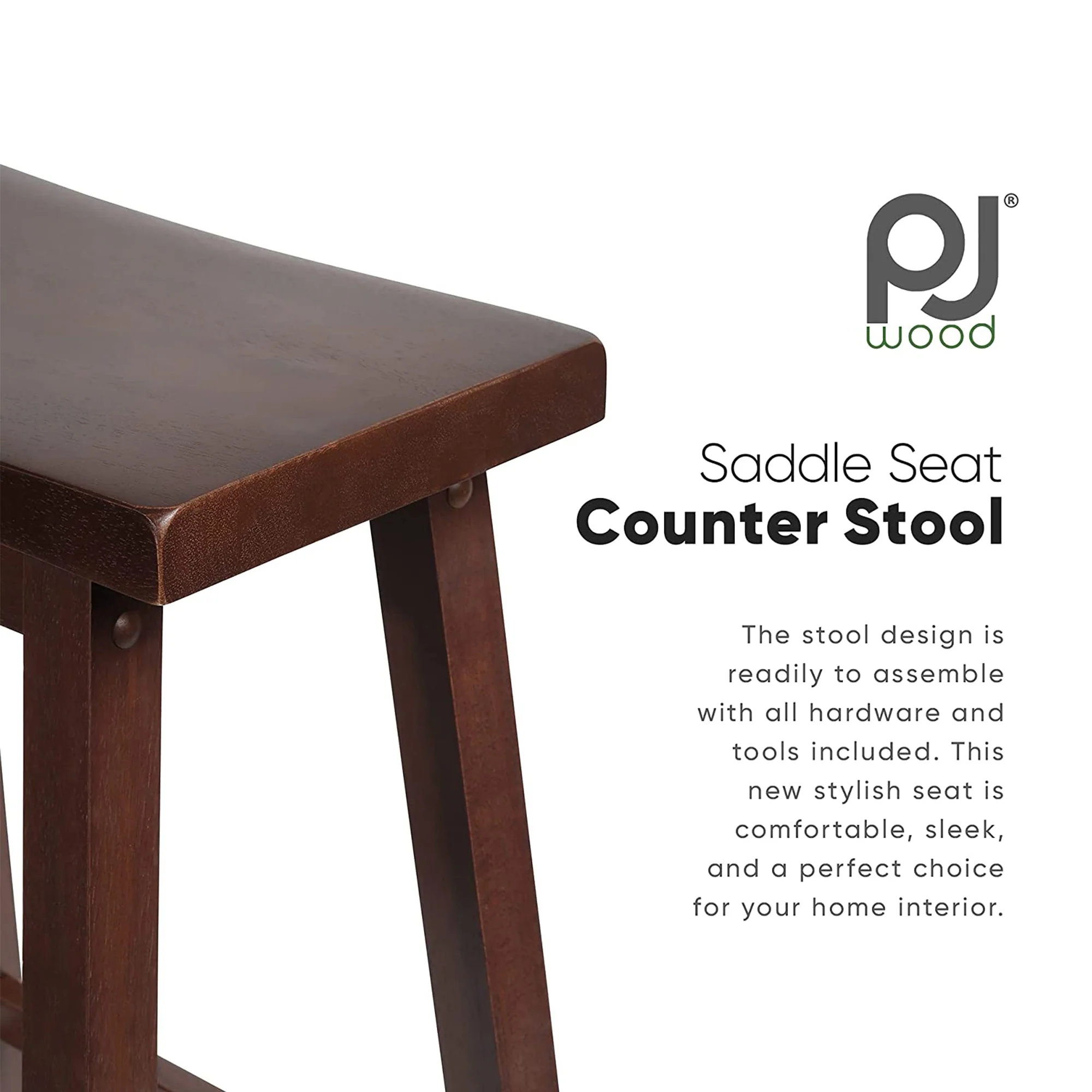 PJ Wood Classic Saddle-Seat 24" Tall Kitchen Counter Stools, Walnut, (Set of 2) - Image 2