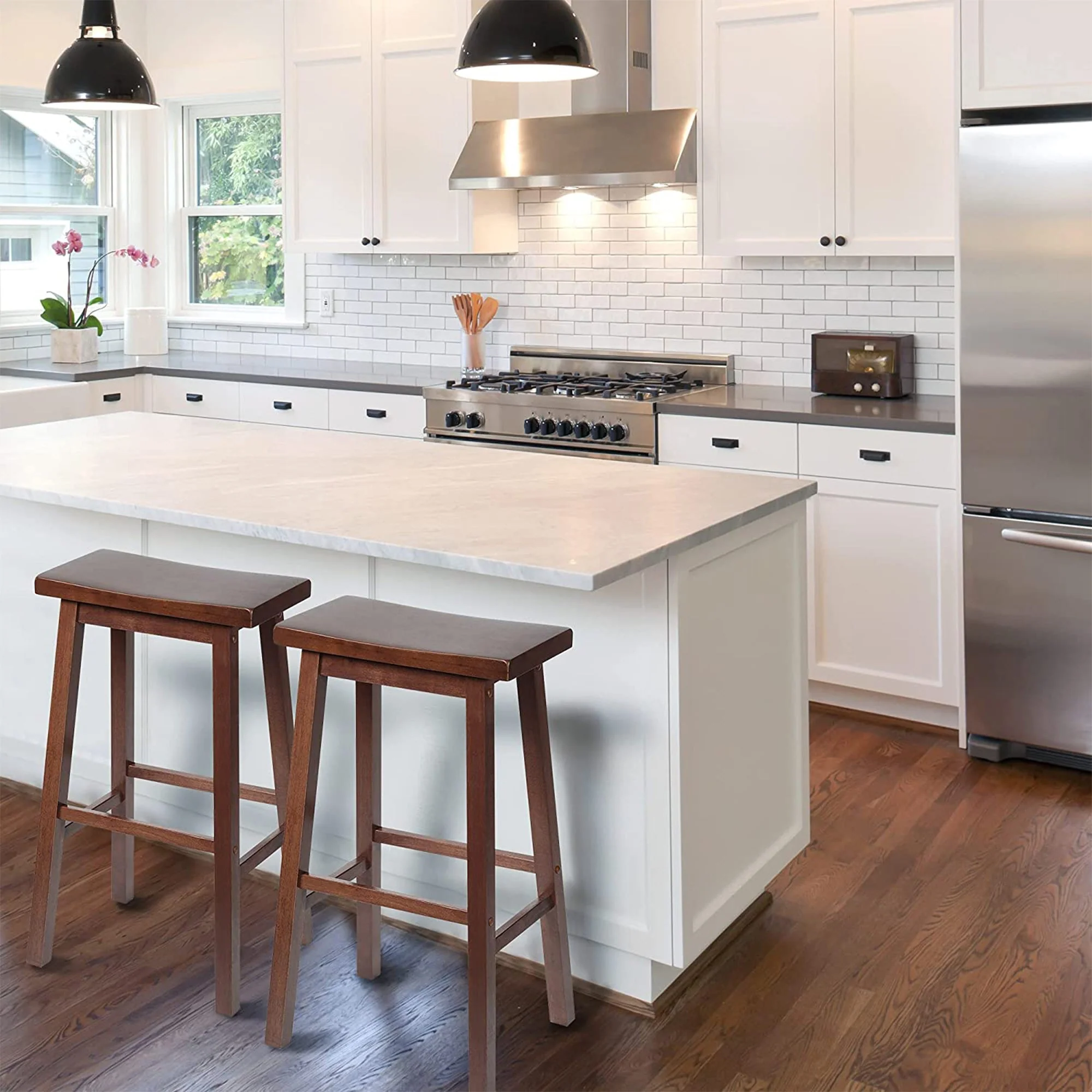 PJ Wood Classic Saddle-Seat 24" Tall Kitchen Counter Stools, Walnut, (Set of 2) - Image 3