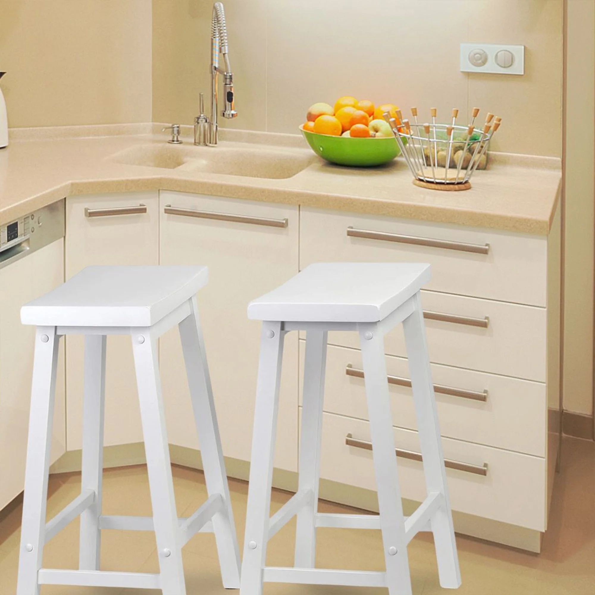 PJ Wood Classic Saddle-Seat 24" Tall Kitchen Counter Stools, White, (Set of 2) - Image 5