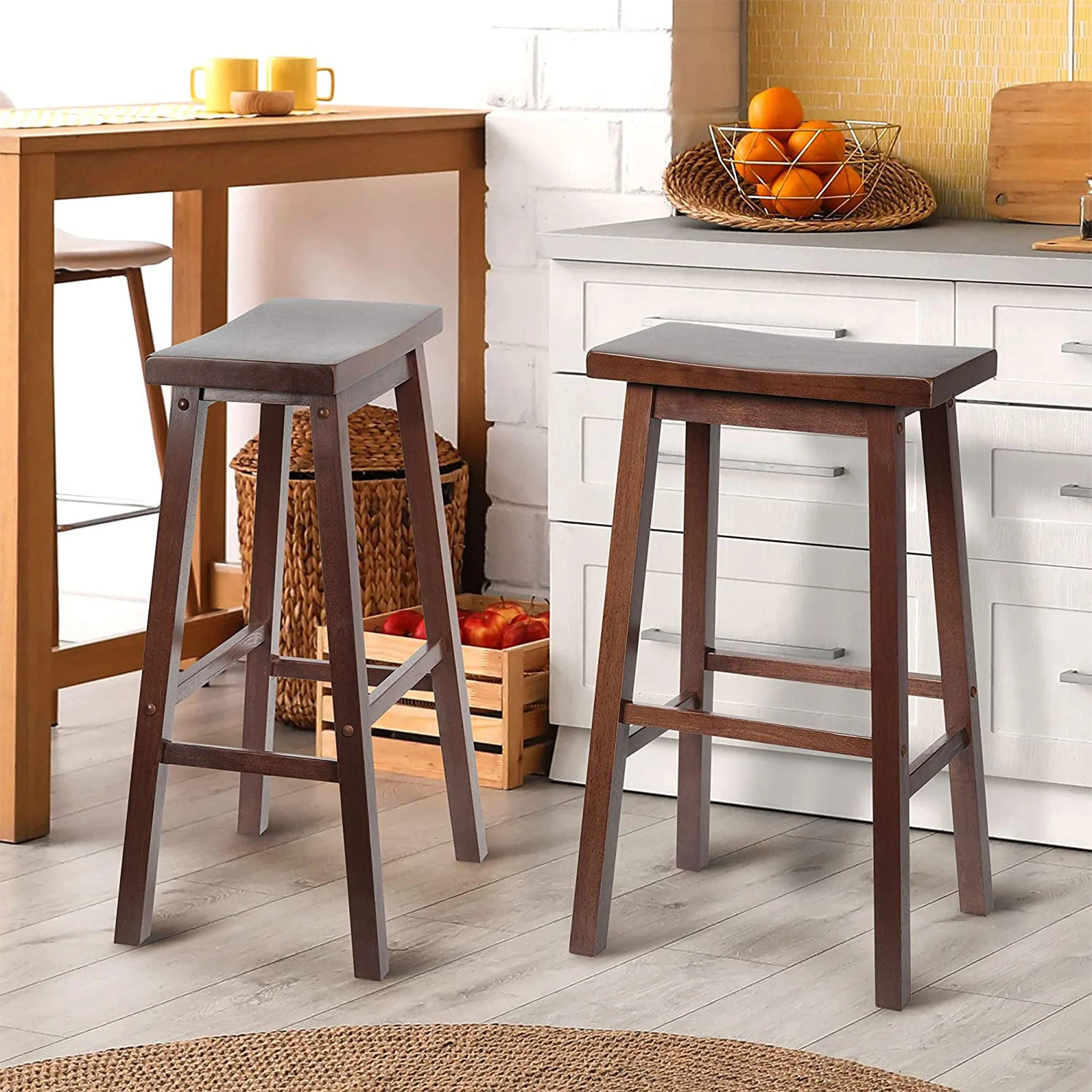PJ Wood Classic Saddle Seat 29" Tall Kitchen Counter Stools, Walnut (Set of 4) - Image 8