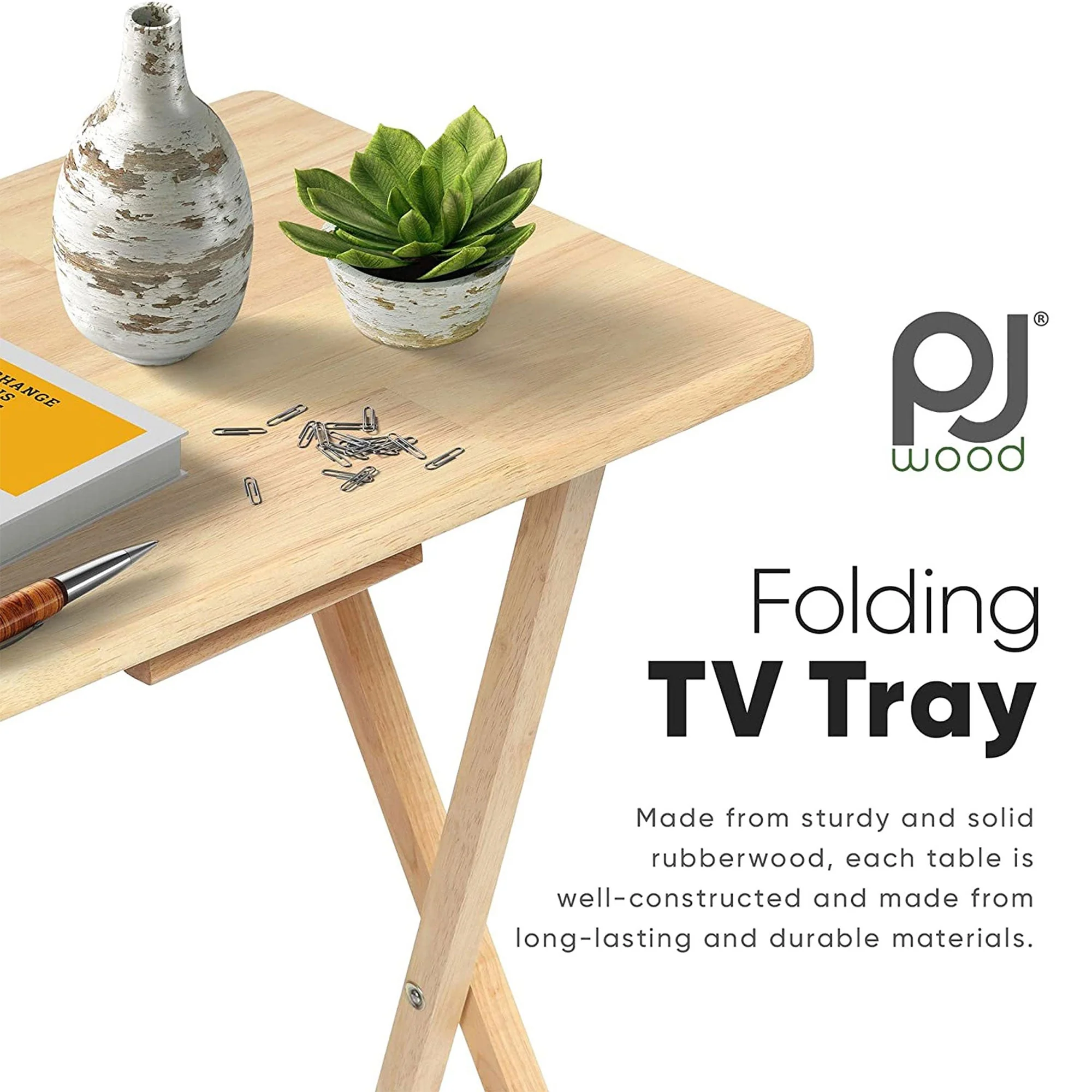PJ Wood Folding Portable TV Snack Tray Table with Natural Finish (8-Piece Set) - Image 4