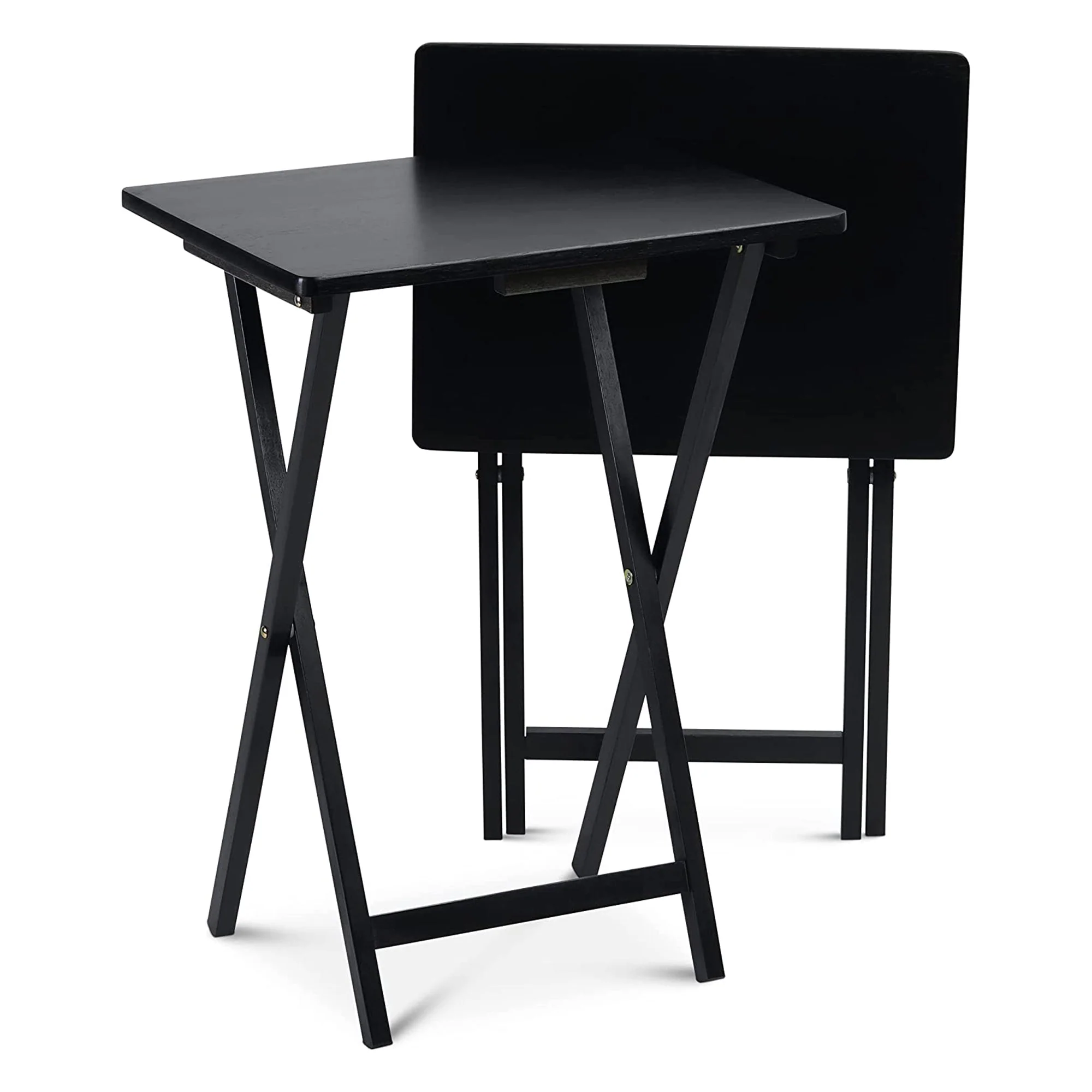 PJ Wood Folding TV Tray, Portable Wooden Table Set with Storage, Black, 6 Piece - Image 8