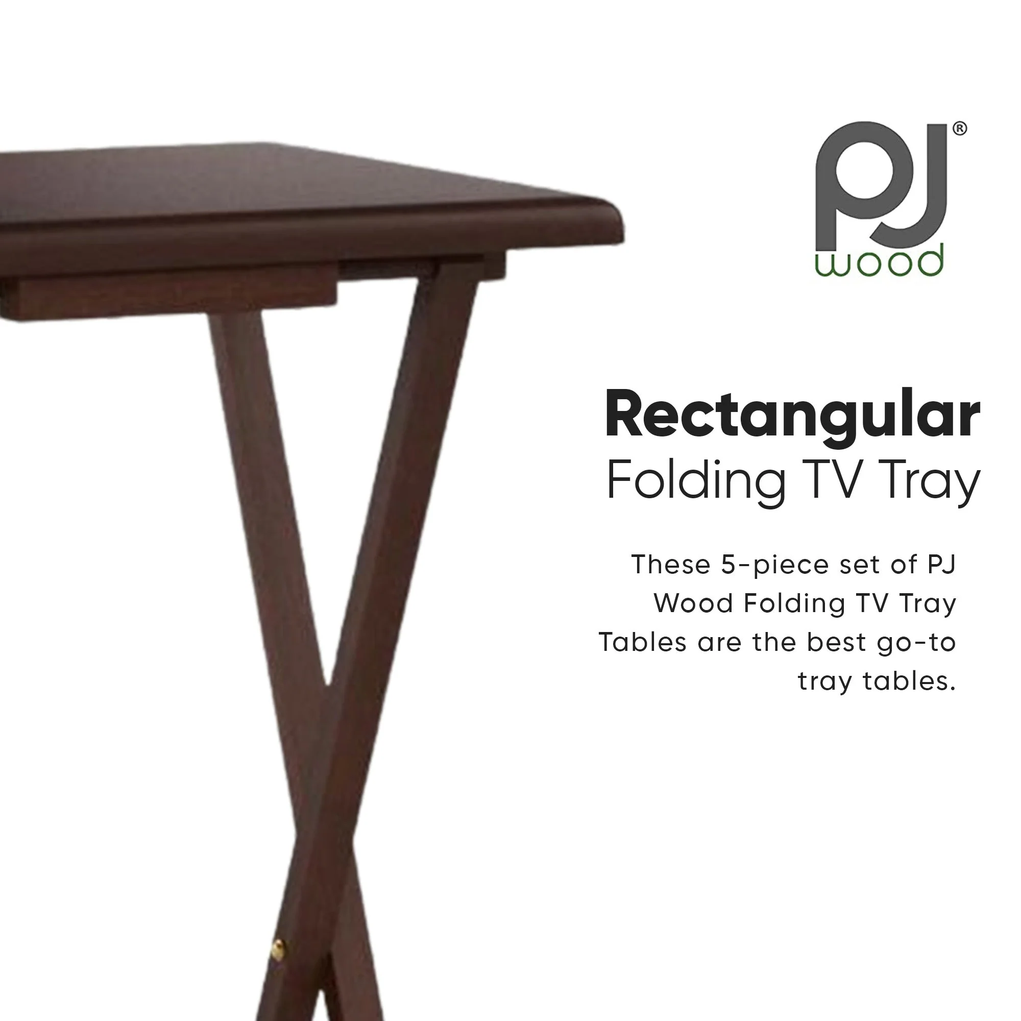 PJ Wood Folding TV Tray Tables with Compact Storage Rack, Walnut, 5 Piece Set - Image 2