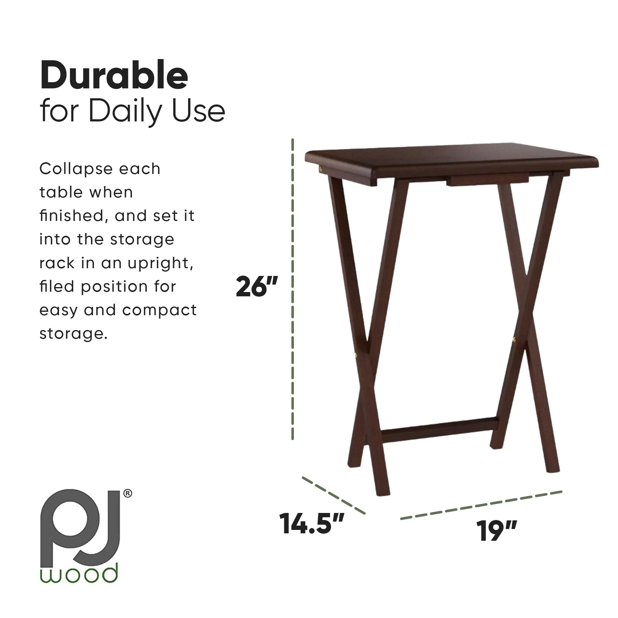 PJ Wood Folding TV Tray Tables with Compact Storage Rack, Walnut, 5 Piece Set - Image 3