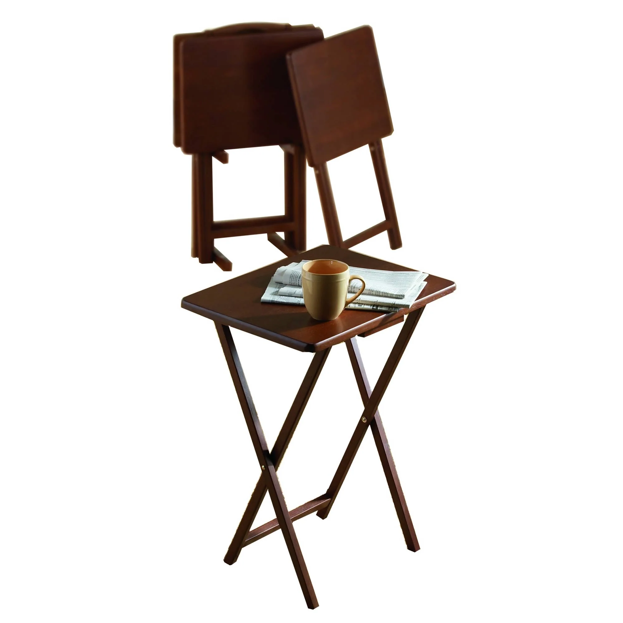 PJ Wood Folding TV Tray Tables with Compact Storage Rack, Walnut, 5 Piece Set - Image 7