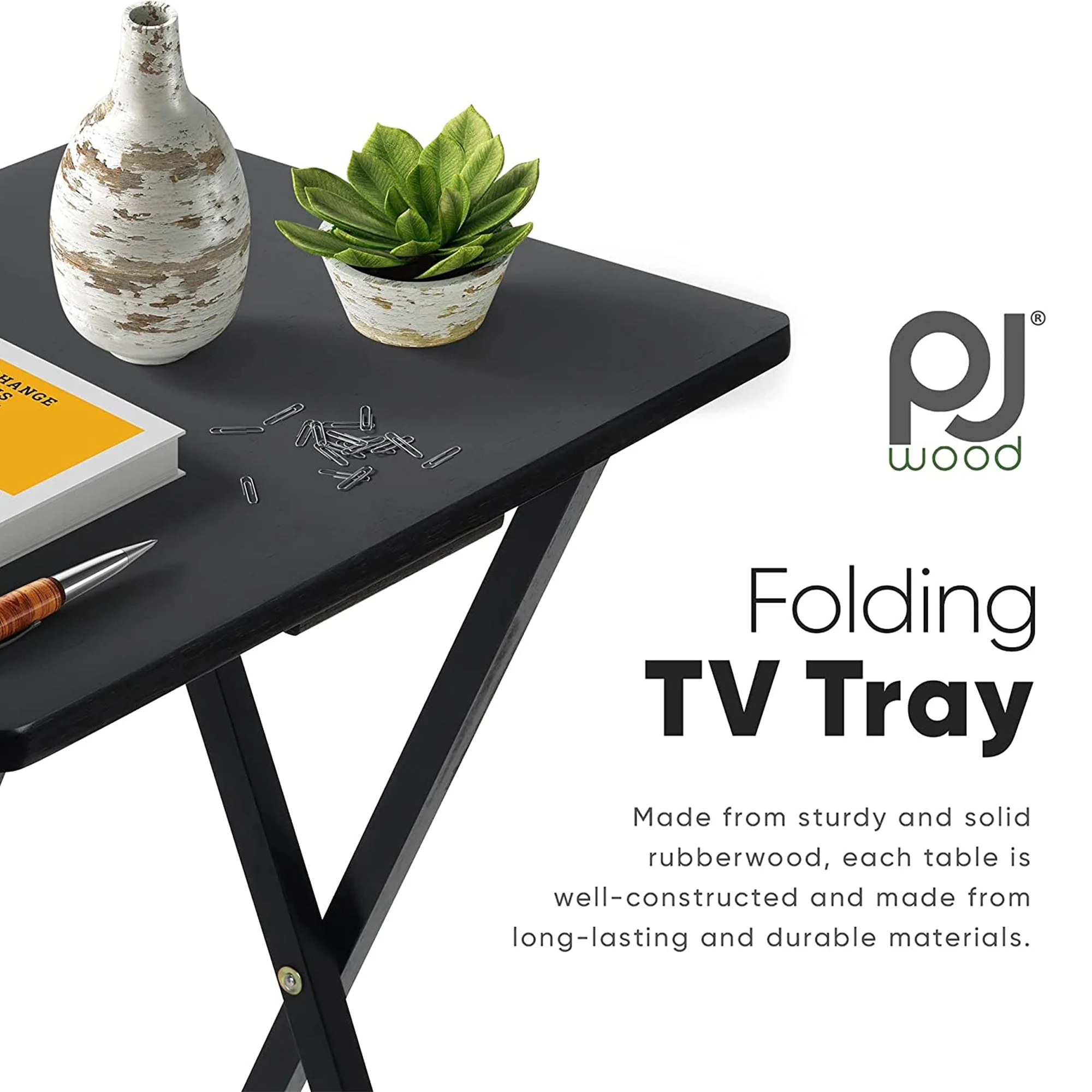 PJ Wood Portable Folding TV Snack Tray Table Desk Stand, Black (8 Piece Set) - Image 7