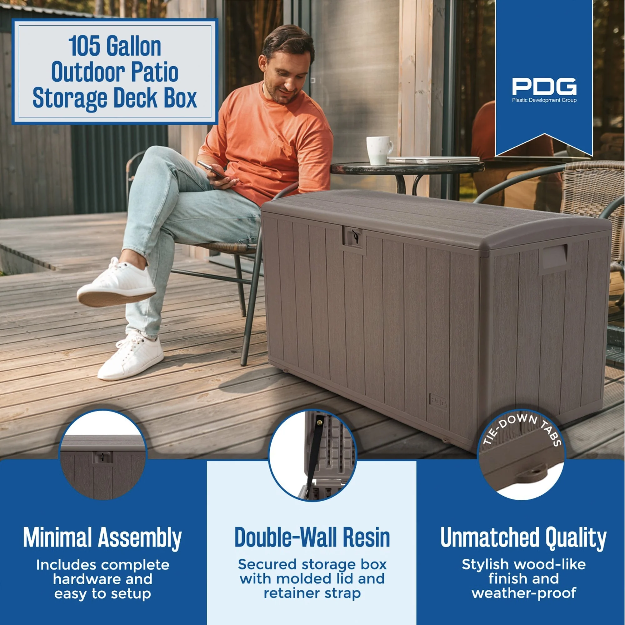Plastic Development Group 105 Gallon Outdoor Patio Storage Deck Box, Driftwood - Image 3