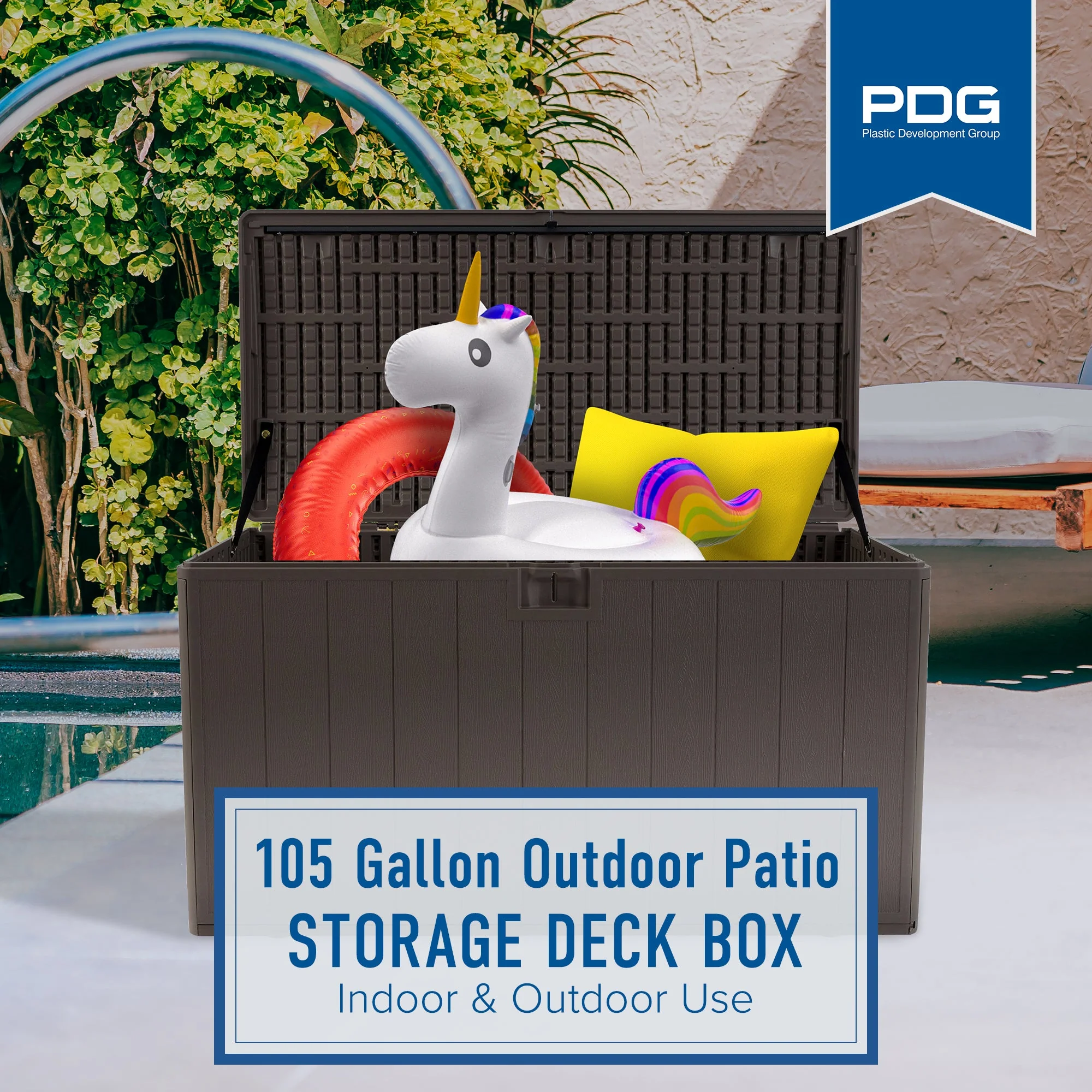 Plastic Development Group 105 Gallon Outdoor Patio Storage Deck Box, Driftwood - Image 4