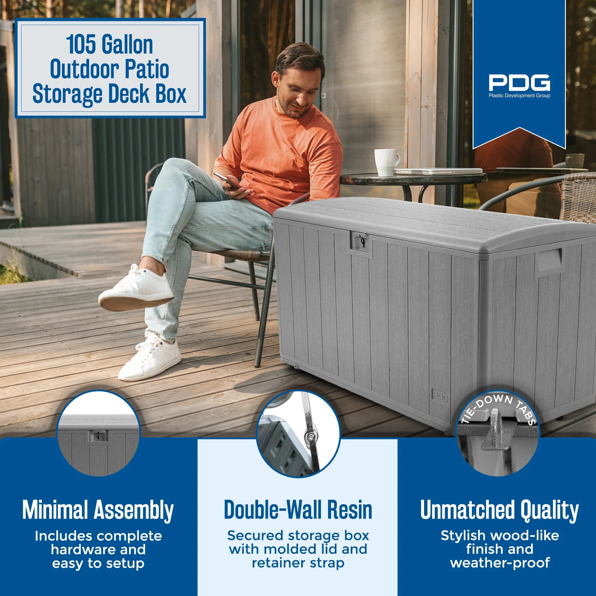 Plastic Development Group 105-Gallon Resin Outdoor Storage Patio Deck Box, Gray - Image 3