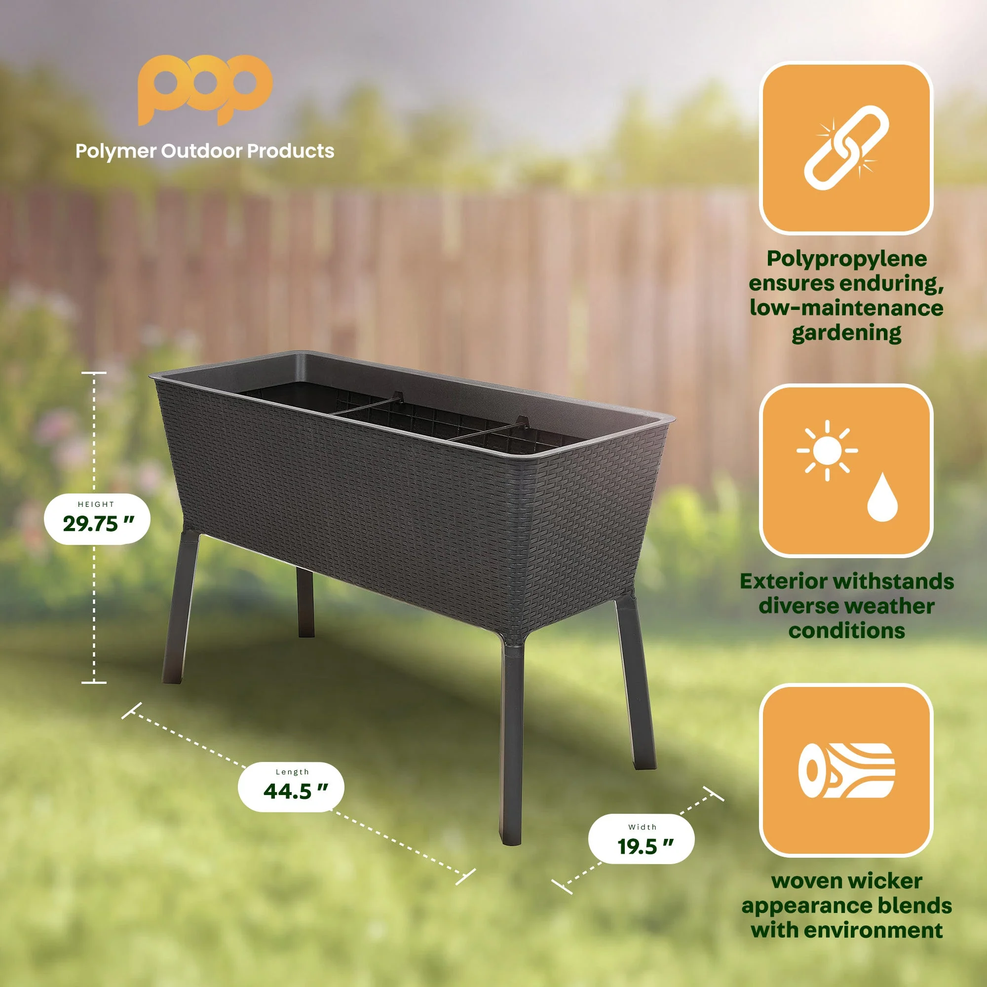 Polymer Outdoor Products 19.5" L x 44.5" W x 29.75" H Raised Garden Bed, Brown - Image 2