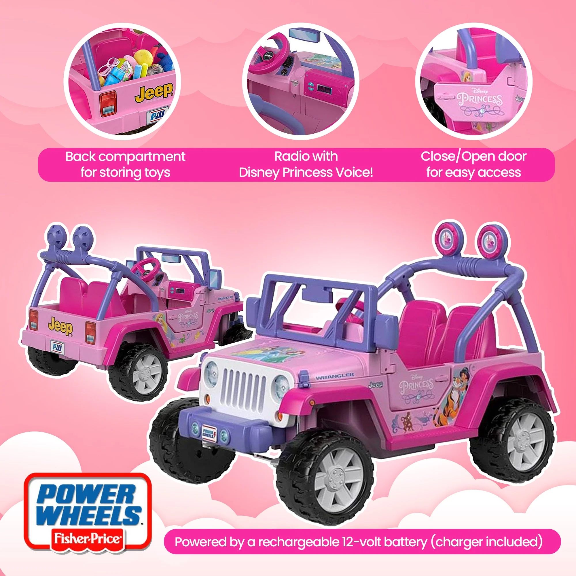 Power Wheels Kids Electric 12 Volt Toy Car Ride On Disney Princess Jeep Wrangler - Image 2