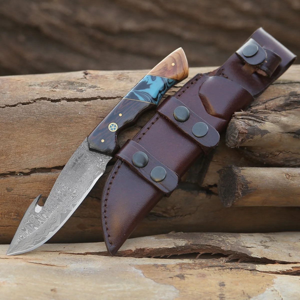 PrimalEdge Damascus Gut Hook Knife with Wenge Wood & Turquoise Handle